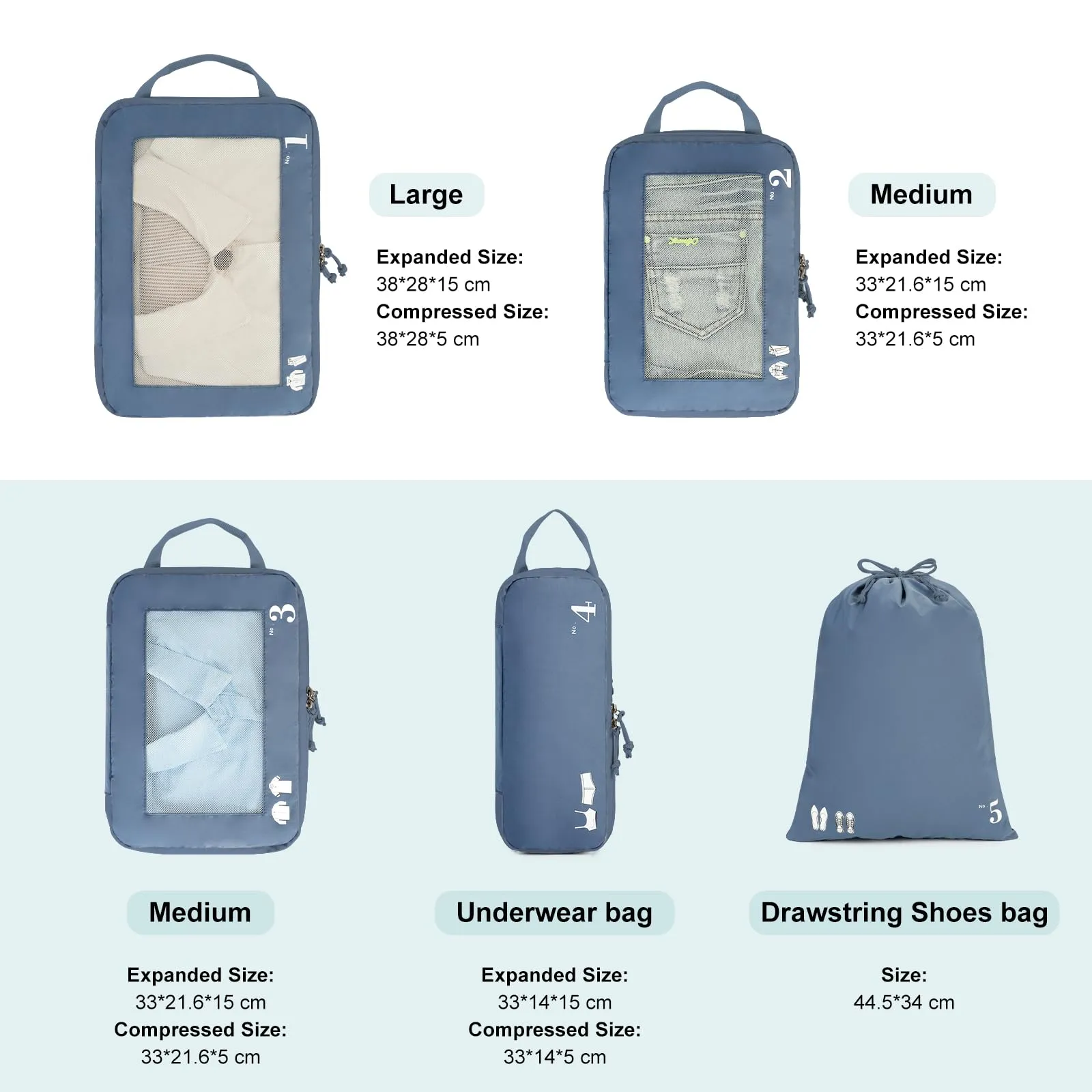 ECOHUB Organizer Valigia Compressione Packing Cubes Set 5 Pezzi, Blu Puro - immagine 2