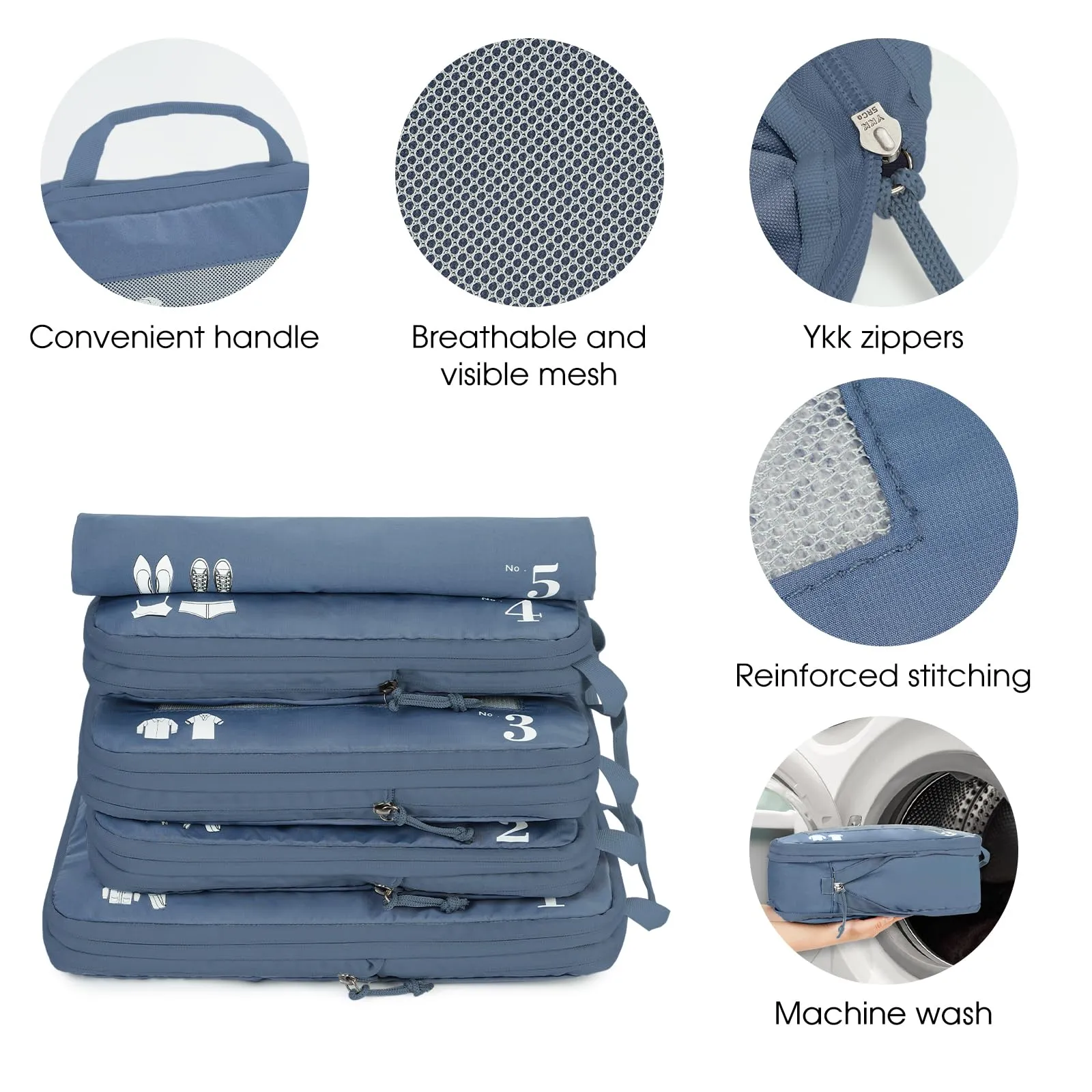 ECOHUB Organizer Valigia Compressione Packing Cubes Set 5 Pezzi, Blu Puro - immagine 6