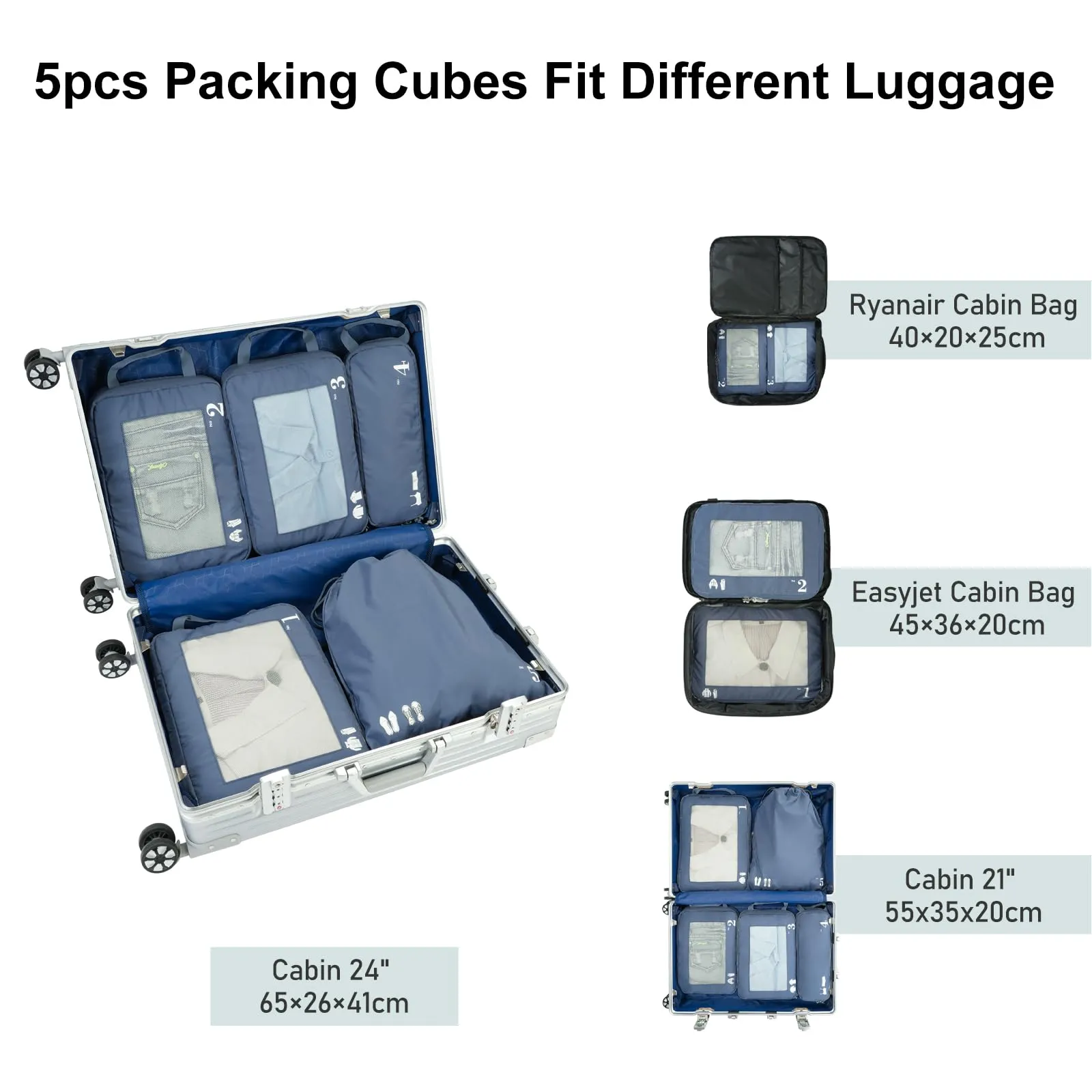 ECOHUB Organizer Valigia Compressione Packing Cubes Set 5 Pezzi, Blu Puro - immagine 7