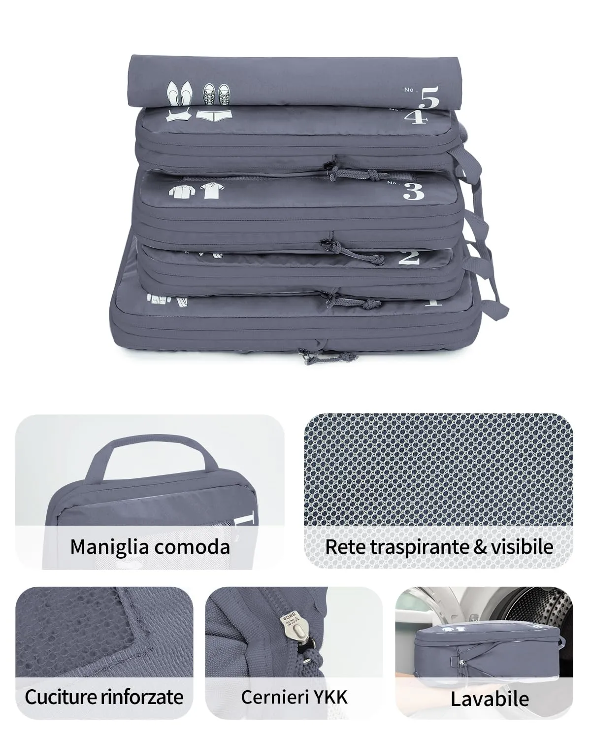 ECOHUB Organizer Valigia Compressione Set 5 Pezzi, Packing Cubes per Viaggio, Grigio Scuro - immagine 6