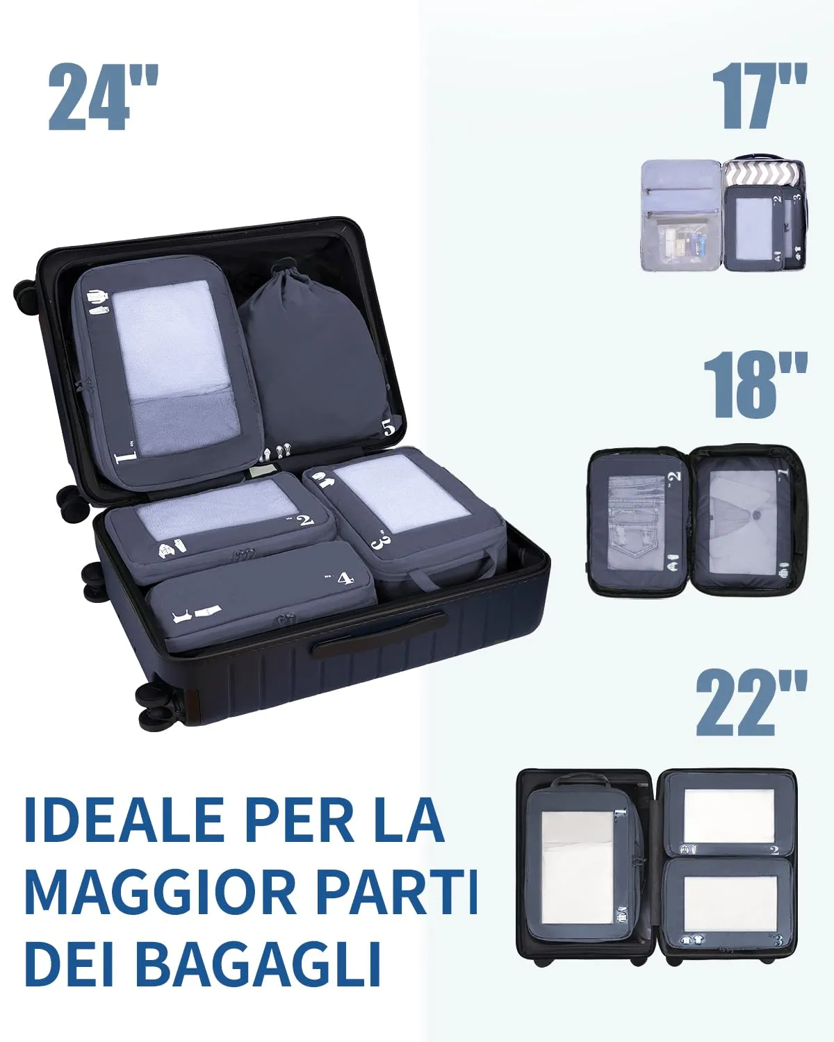 ECOHUB Organizer Valigia Compressione Set 5 Pezzi, Packing Cubes per Viaggio, Grigio Scuro - immagine 7