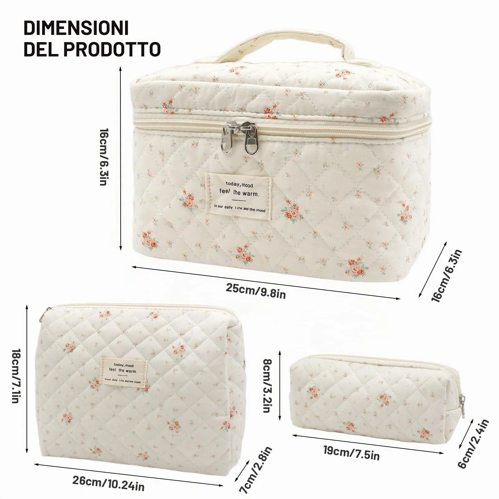 Criveple Set di 3 Beauty Case da Viaggio in Cotone, Borsa Porta Trucchi e Organizer da Toilette Lavabile, Piccoli Fiori - immagine 2