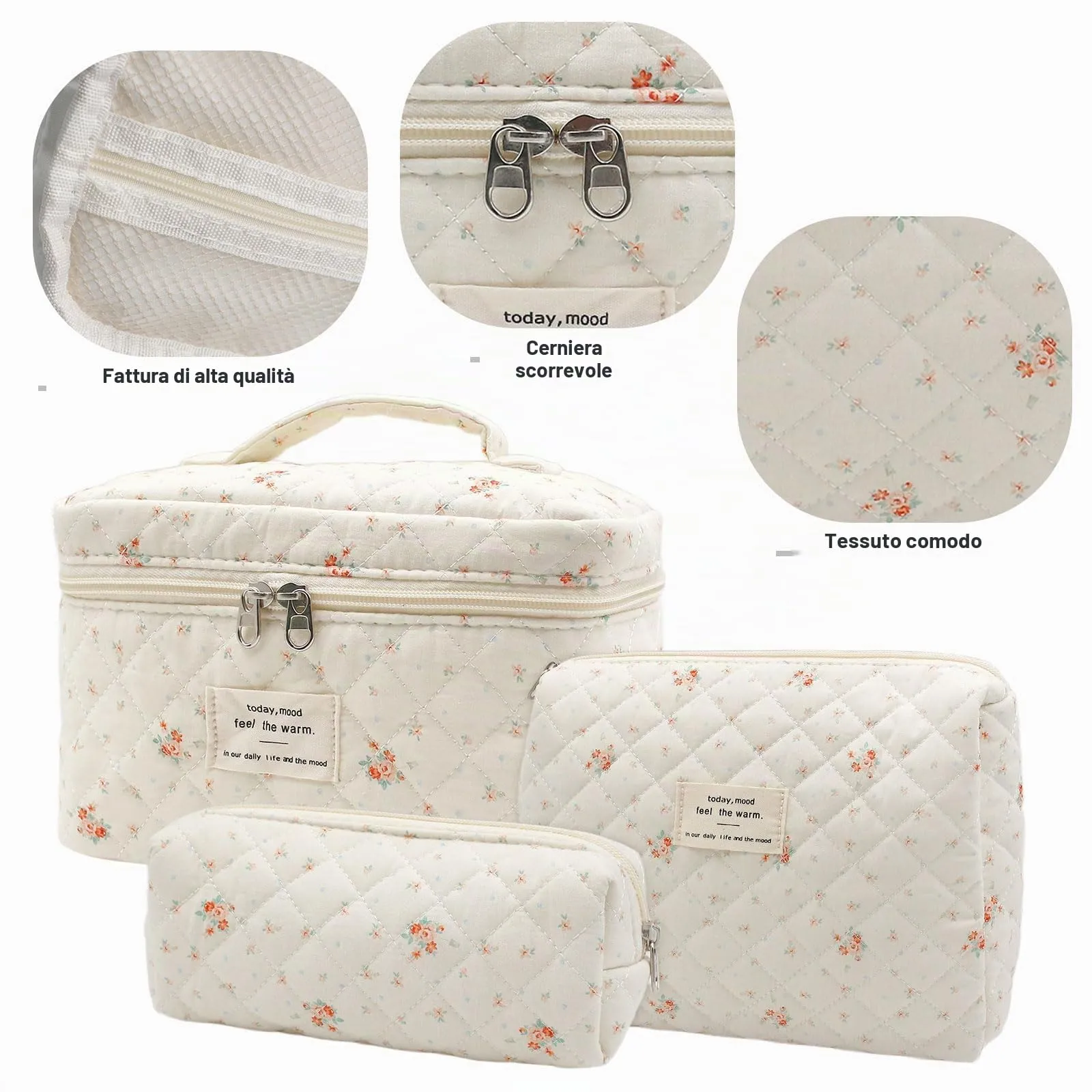 Criveple Set di 3 Beauty Case da Viaggio in Cotone, Borsa Porta Trucchi e Organizer da Toilette Lavabile, Piccoli Fiori - immagine 3