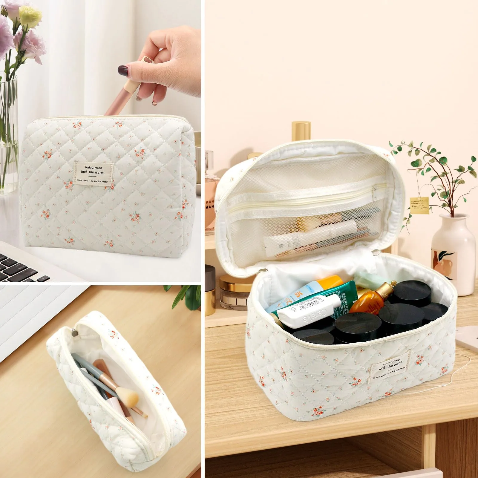 Criveple Set di 3 Beauty Case da Viaggio in Cotone, Borsa Porta Trucchi e Organizer da Toilette Lavabile, Piccoli Fiori - immagine 6