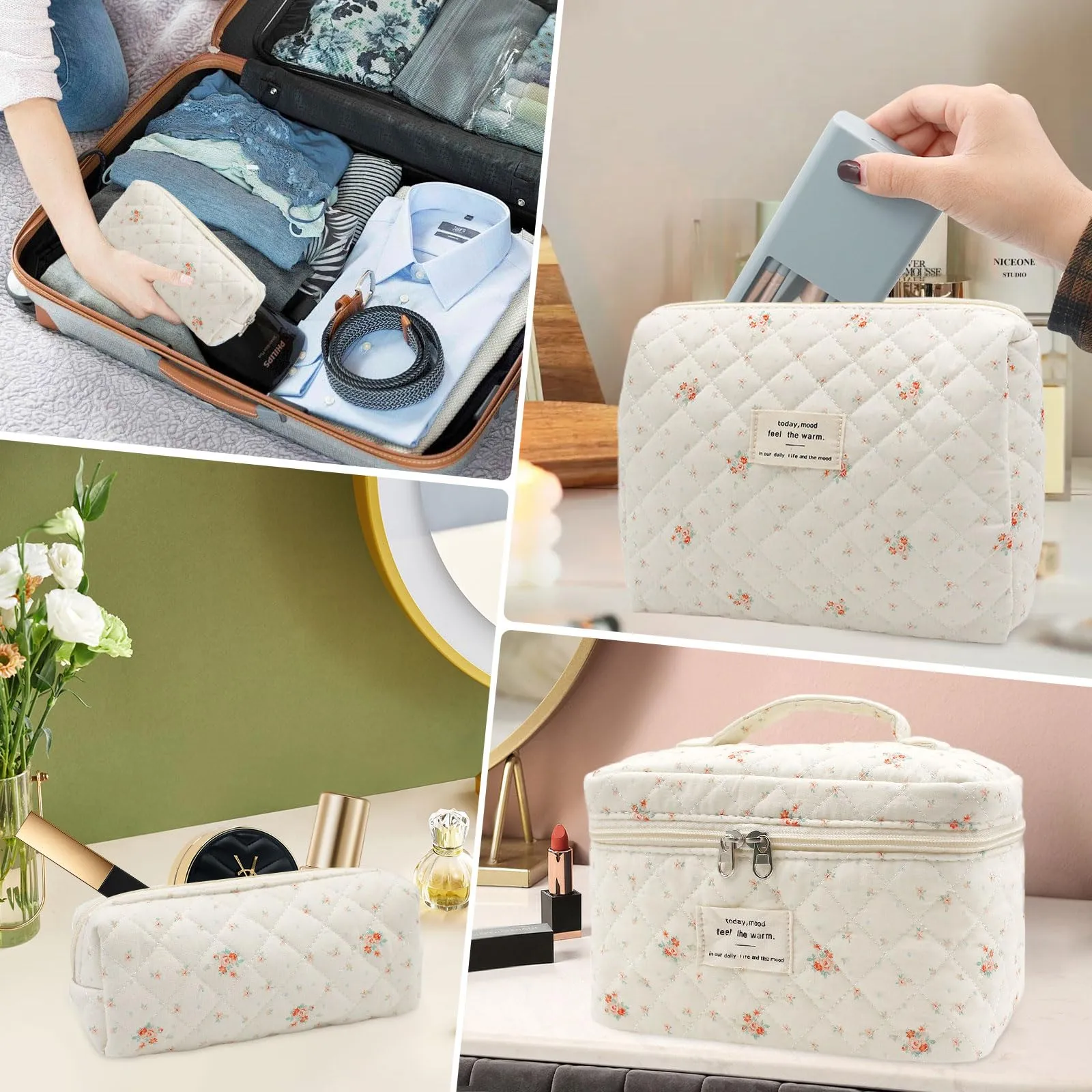 Criveple Set di 3 Beauty Case da Viaggio in Cotone, Borsa Porta Trucchi e Organizer da Toilette Lavabile, Piccoli Fiori - immagine 7