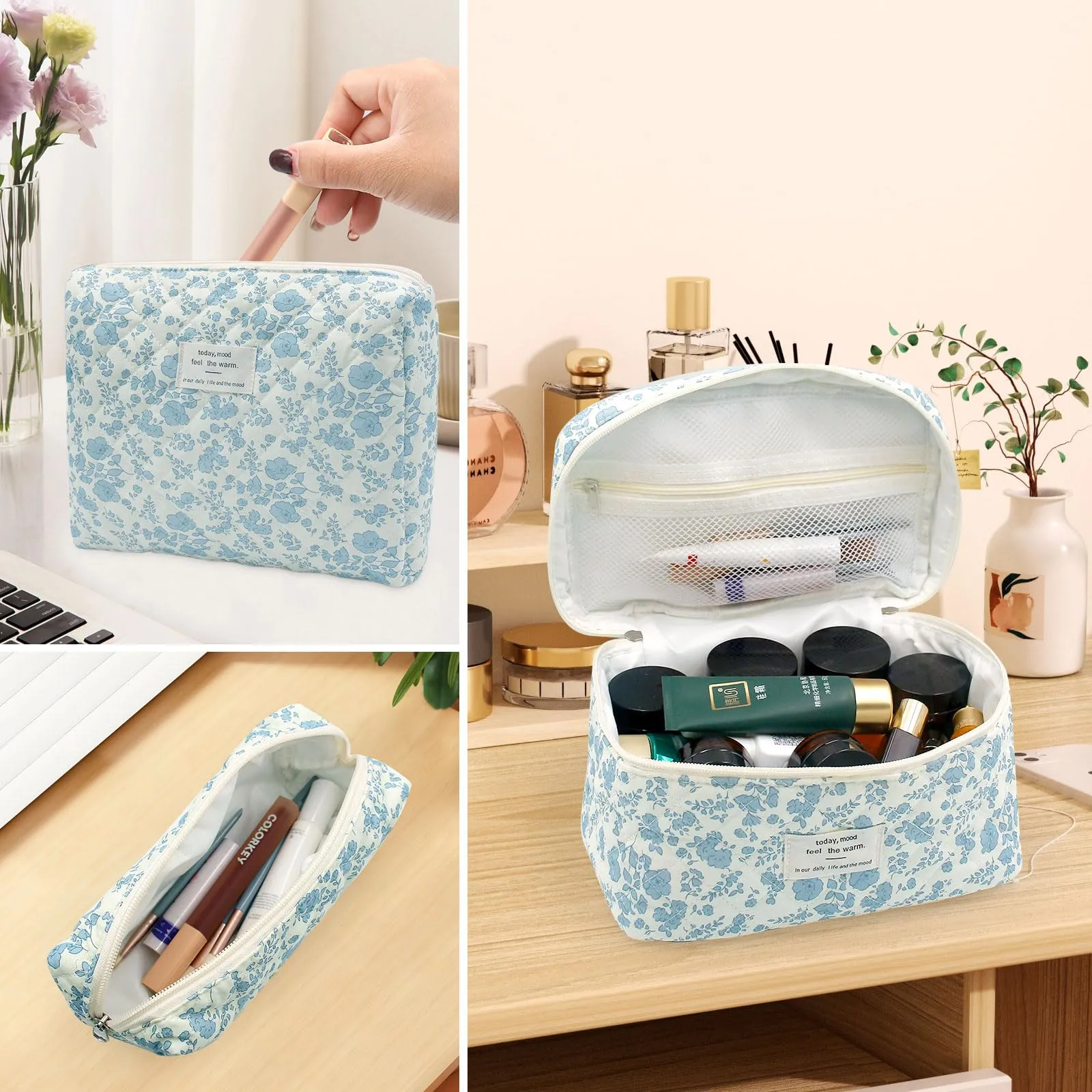 Criveple Set di 3 Beauty Case da Viaggio in Cotone, Borsa Porta Trucchi Organizzatore Lavabile, Orchidea Bianca - immagine 6