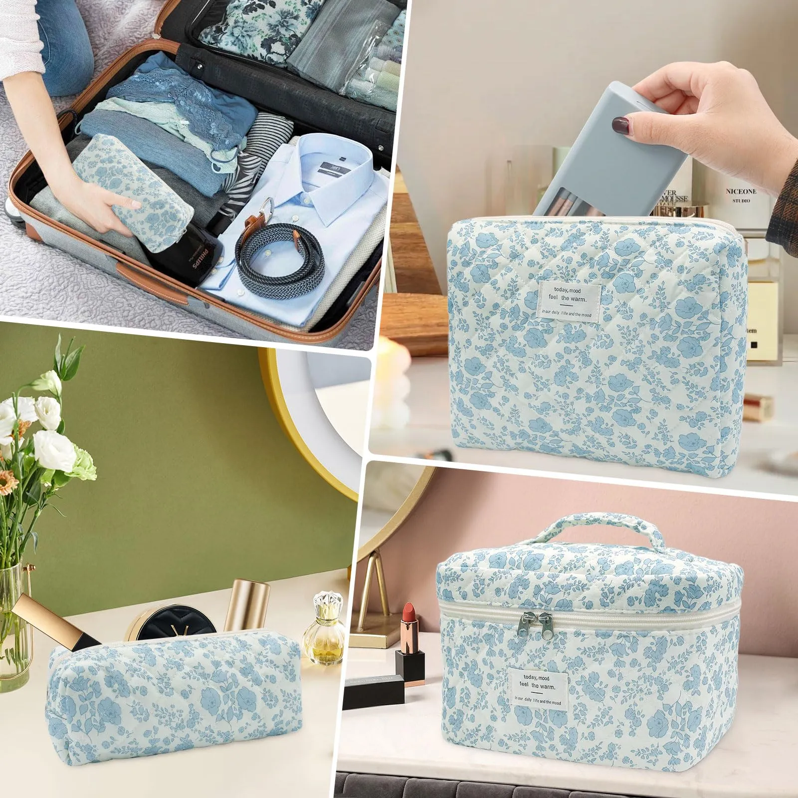 Criveple Set di 3 Beauty Case da Viaggio in Cotone, Borsa Porta Trucchi Organizzatore Lavabile, Orchidea Bianca - immagine 7