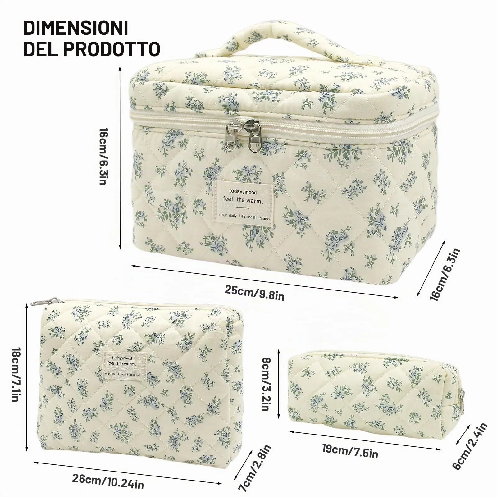 Criveple Set di 3 Beauty Case da Viaggio in Cotone, Borsa Porta Trucchi e Organizer da Toilette Lavabile, Fiori Blu - immagine 2