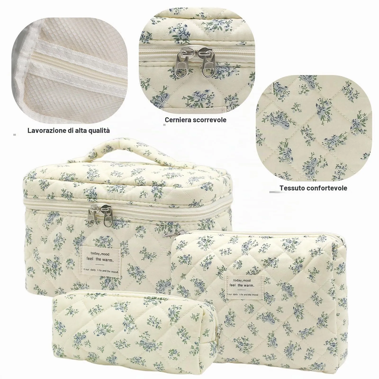 Criveple Set di 3 Beauty Case da Viaggio in Cotone, Borsa Porta Trucchi e Organizer da Toilette Lavabile, Fiori Blu - immagine 3