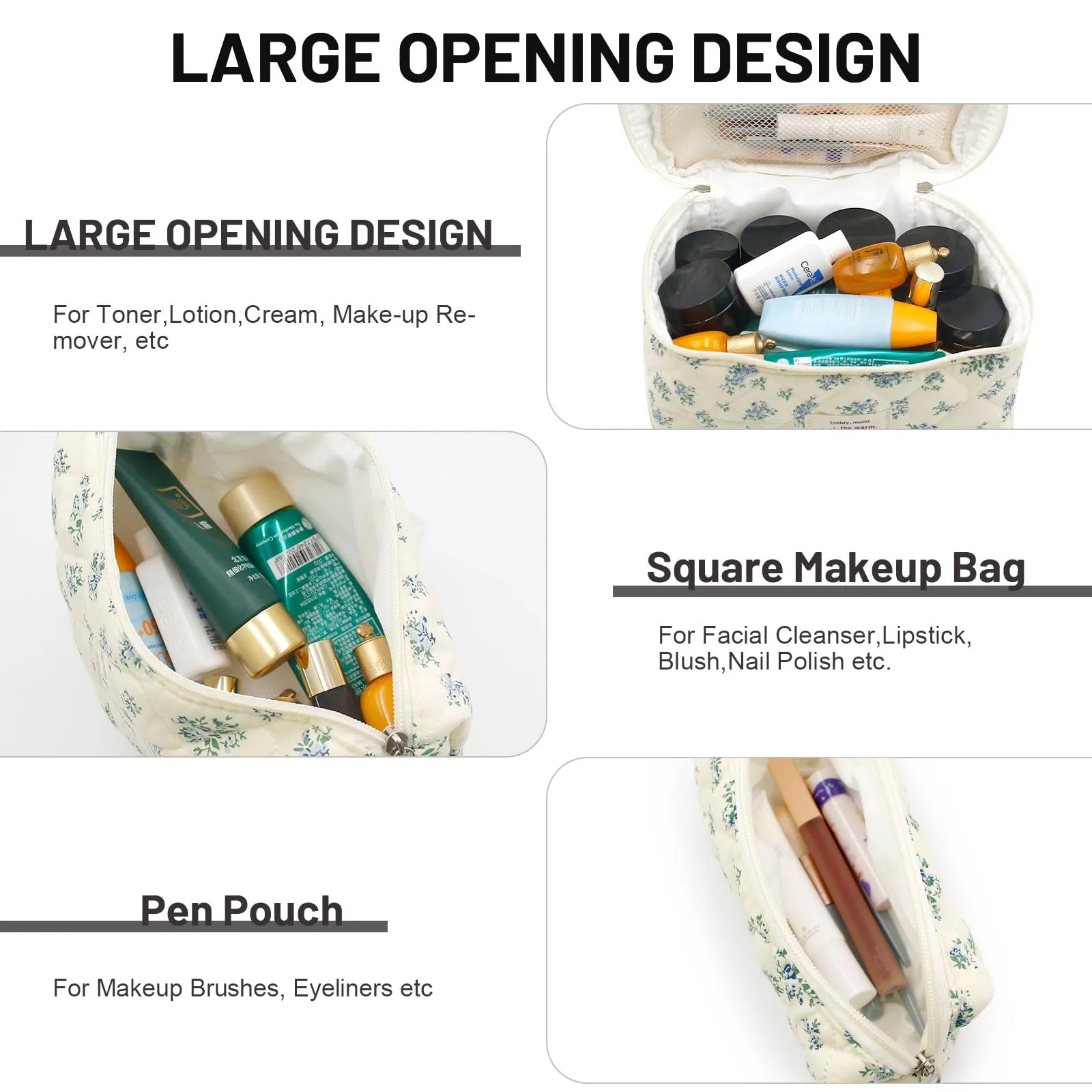 Criveple Set di 3 Beauty Case da Viaggio in Cotone, Borsa Porta Trucchi e Organizer da Toilette Lavabile, Fiori Blu - immagine 4