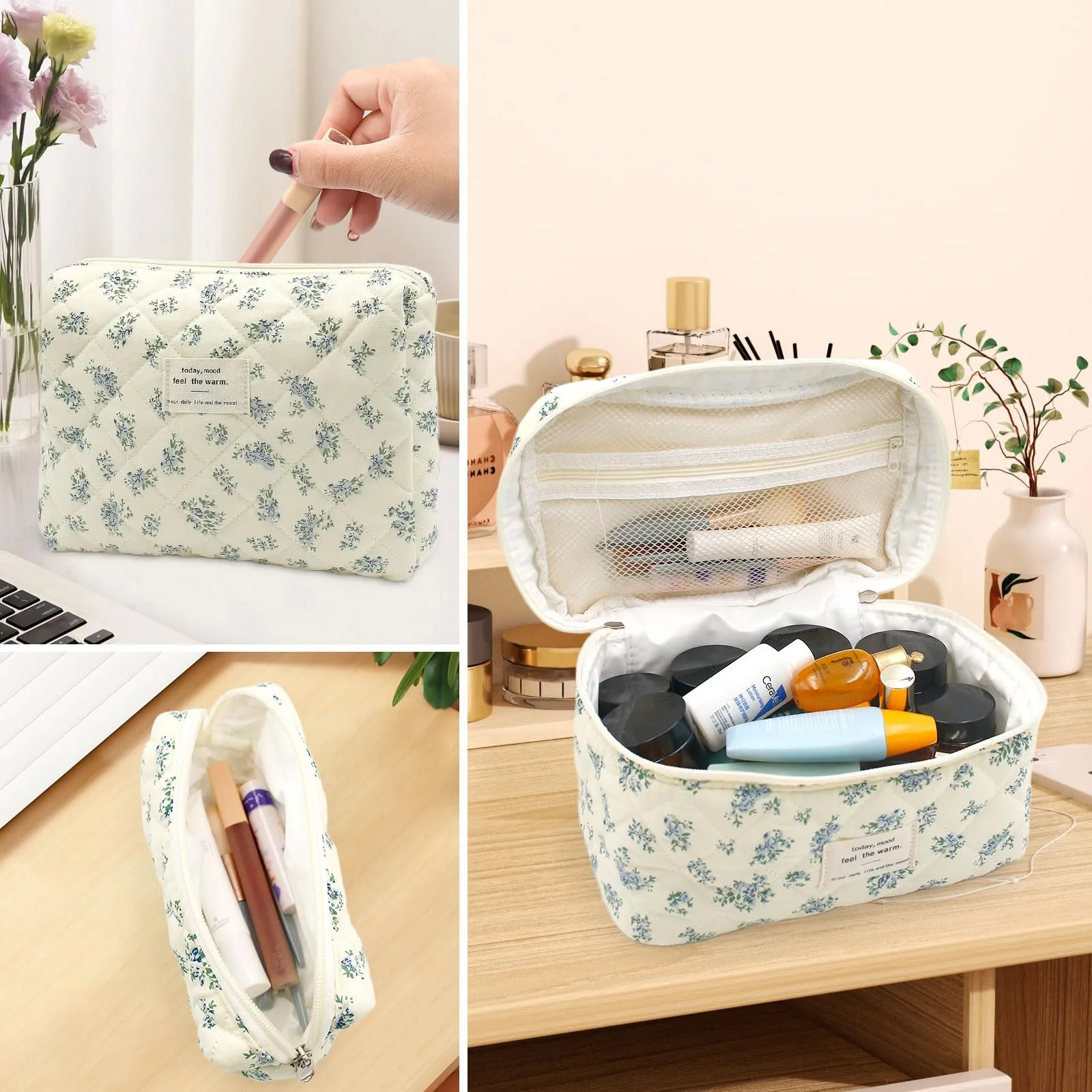Criveple Set di 3 Beauty Case da Viaggio in Cotone, Borsa Porta Trucchi e Organizer da Toilette Lavabile, Fiori Blu - immagine 6