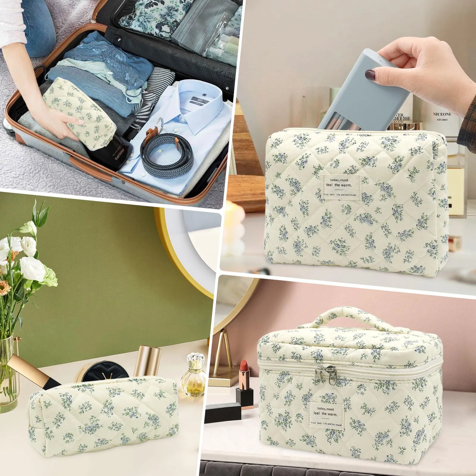 Criveple Set di 3 Beauty Case da Viaggio in Cotone, Borsa Porta Trucchi e Organizer da Toilette Lavabile, Fiori Blu - immagine 7