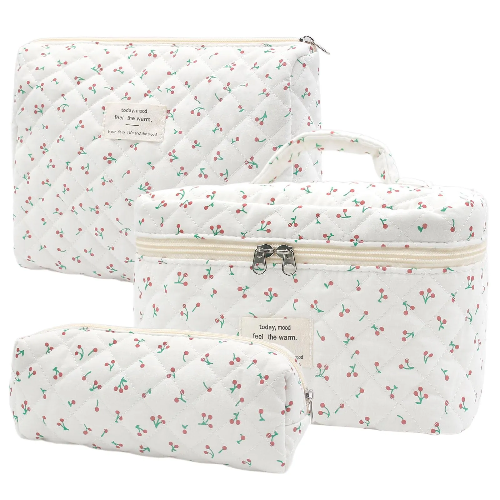Criveple Set di 3 Beauty Case da Viaggio in Cotone, Borsa Porta Trucchi e Organizer da Toilette Lavabile, Piccola Ciliegia - immagine 1