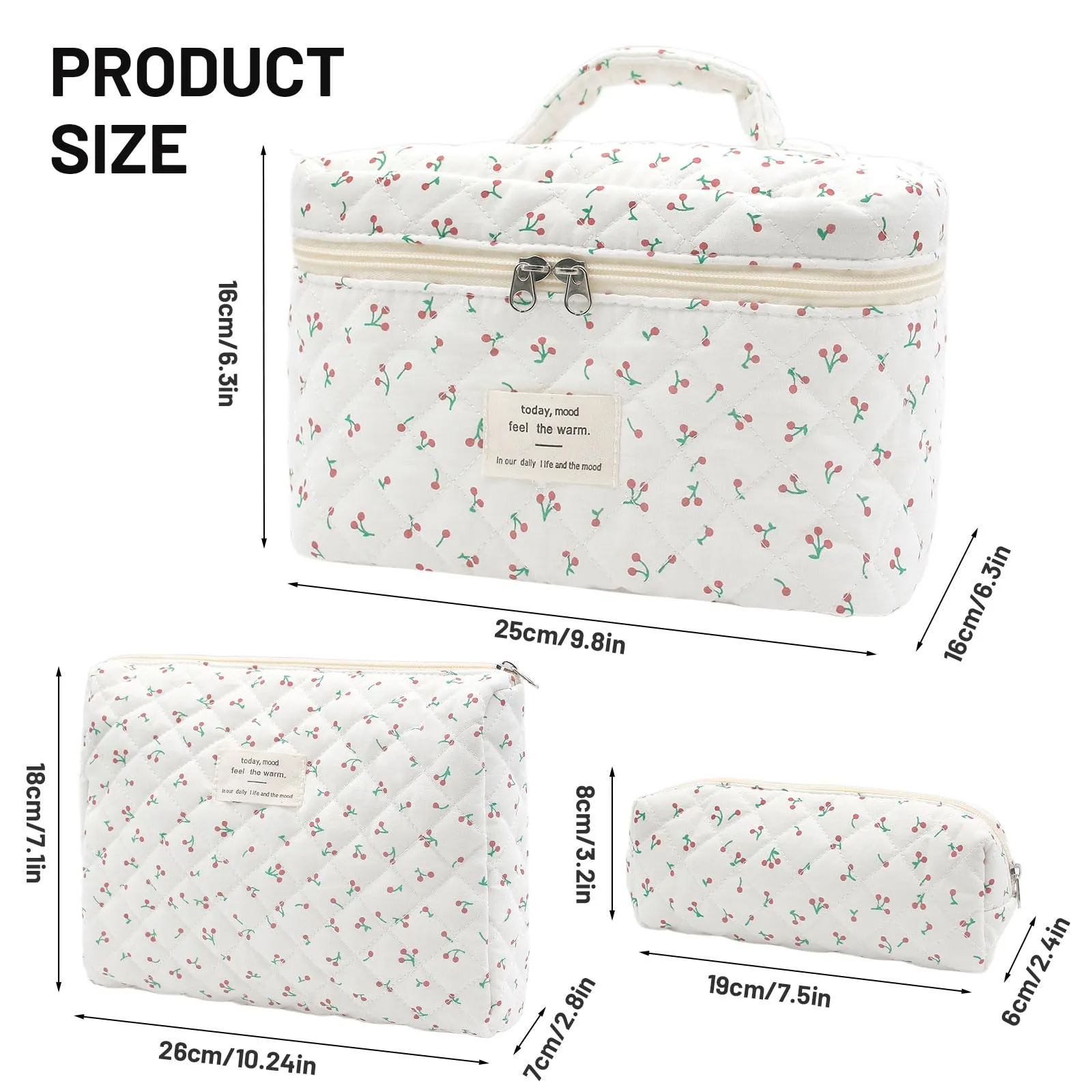 Criveple Set di 3 Beauty Case da Viaggio in Cotone, Borsa Porta Trucchi e Organizer da Toilette Lavabile, Piccola Ciliegia - immagine 2