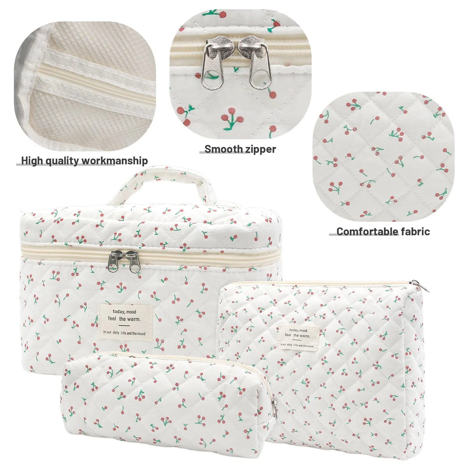 Criveple Set di 3 Beauty Case da Viaggio in Cotone, Borsa Porta Trucchi e Organizer da Toilette Lavabile, Piccola Ciliegia - immagine 3