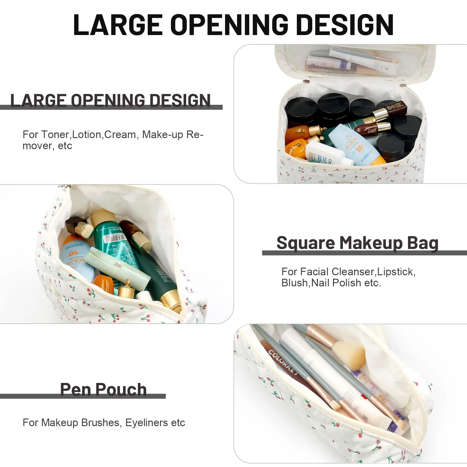 Criveple Set di 3 Beauty Case da Viaggio in Cotone, Borsa Porta Trucchi e Organizer da Toilette Lavabile, Piccola Ciliegia - immagine 4