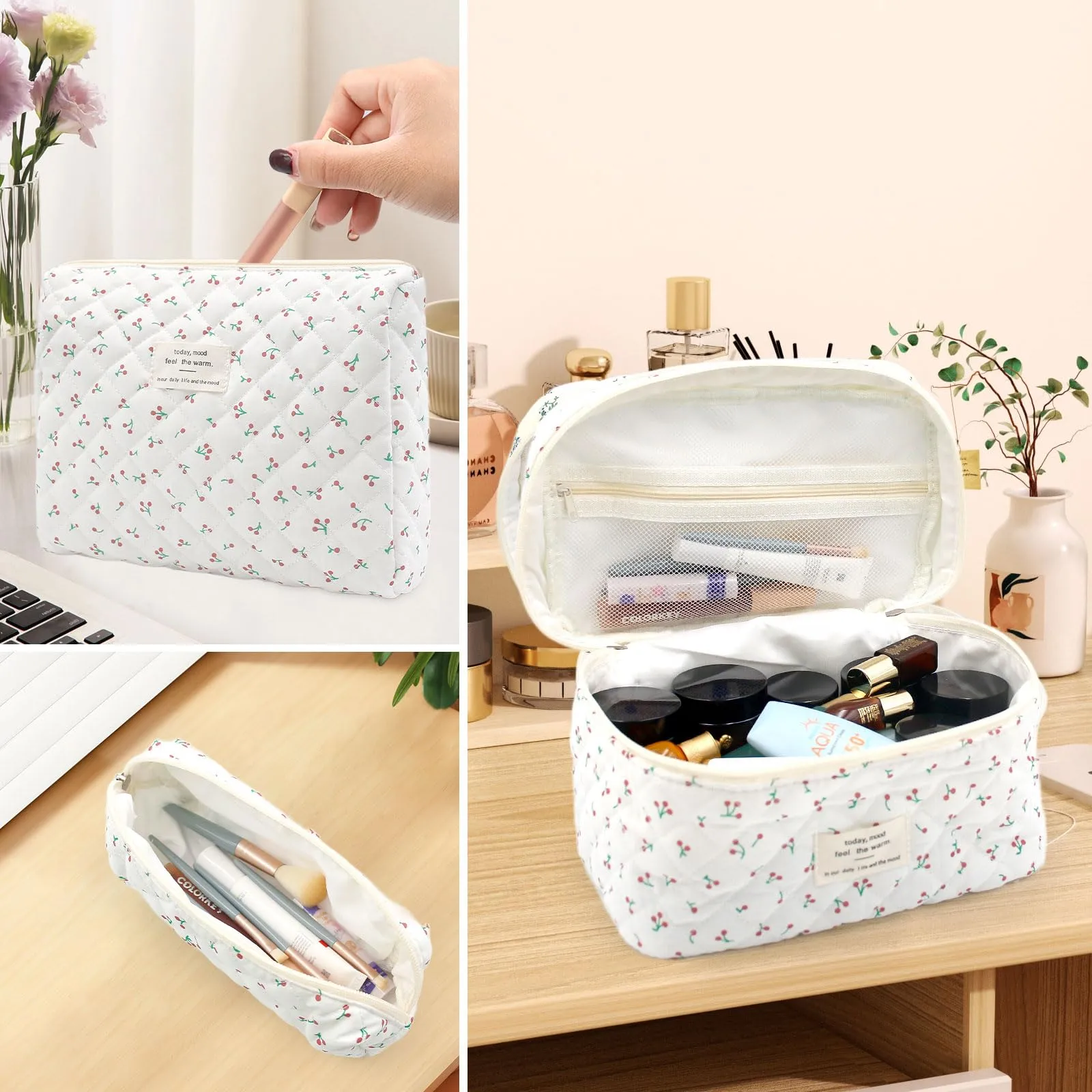 Criveple Set di 3 Beauty Case da Viaggio in Cotone, Borsa Porta Trucchi e Organizer da Toilette Lavabile, Piccola Ciliegia - immagine 6