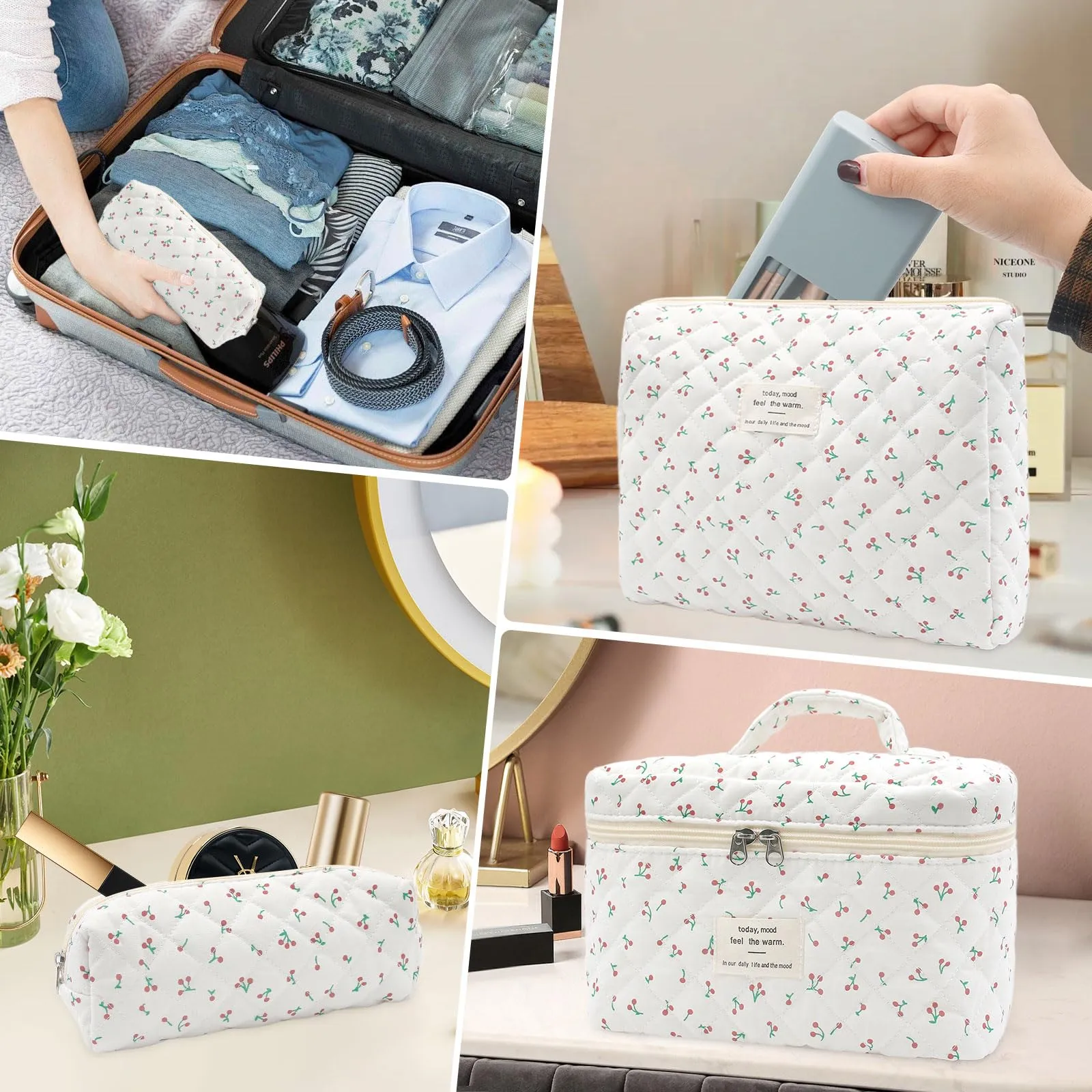 Criveple Set di 3 Beauty Case da Viaggio in Cotone, Borsa Porta Trucchi e Organizer da Toilette Lavabile, Piccola Ciliegia - immagine 7