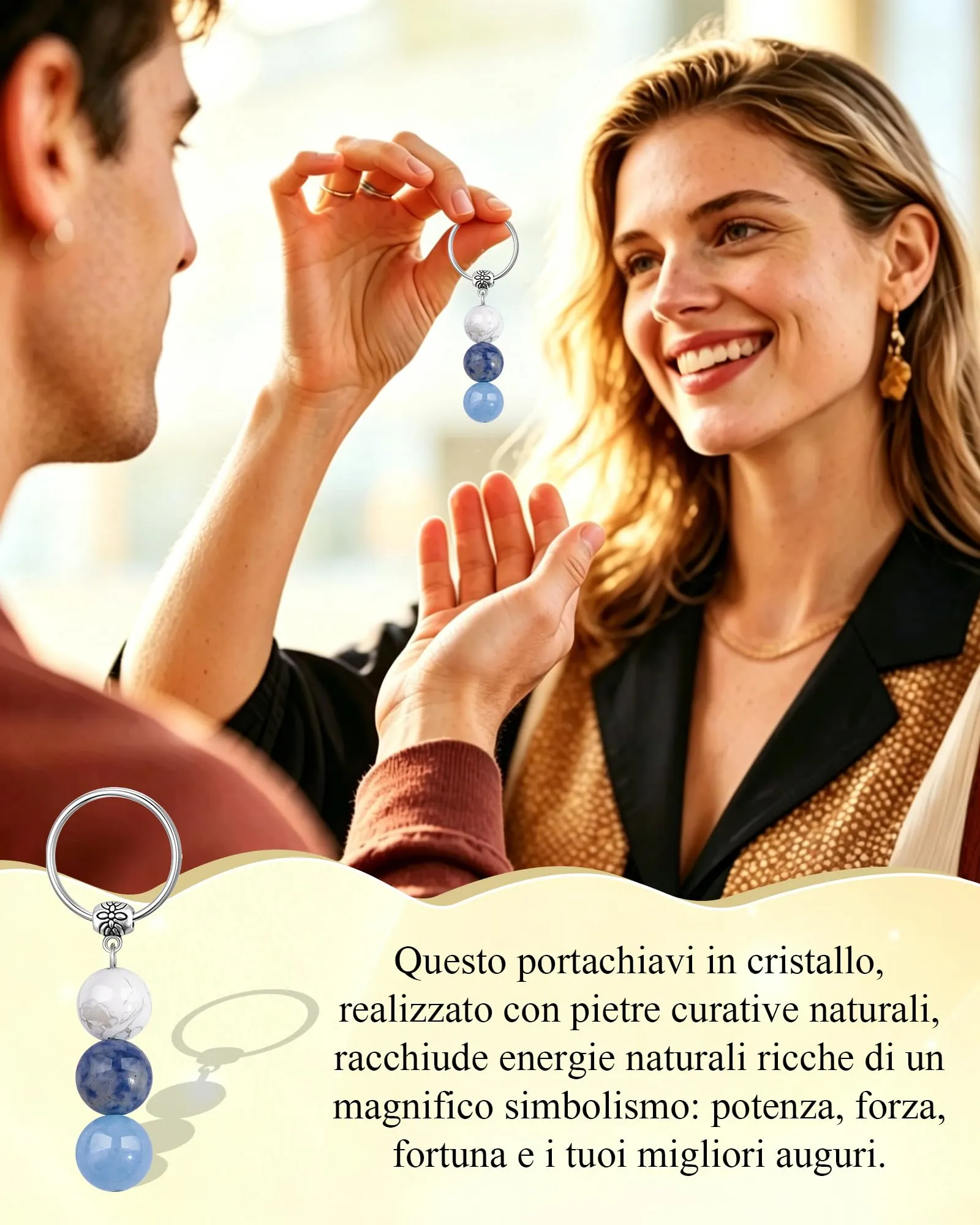 Cheerslife Portachiavi Personalizzato in Cristalli Naturali Howlite, Sodalite e Acquamarina - immagine 2