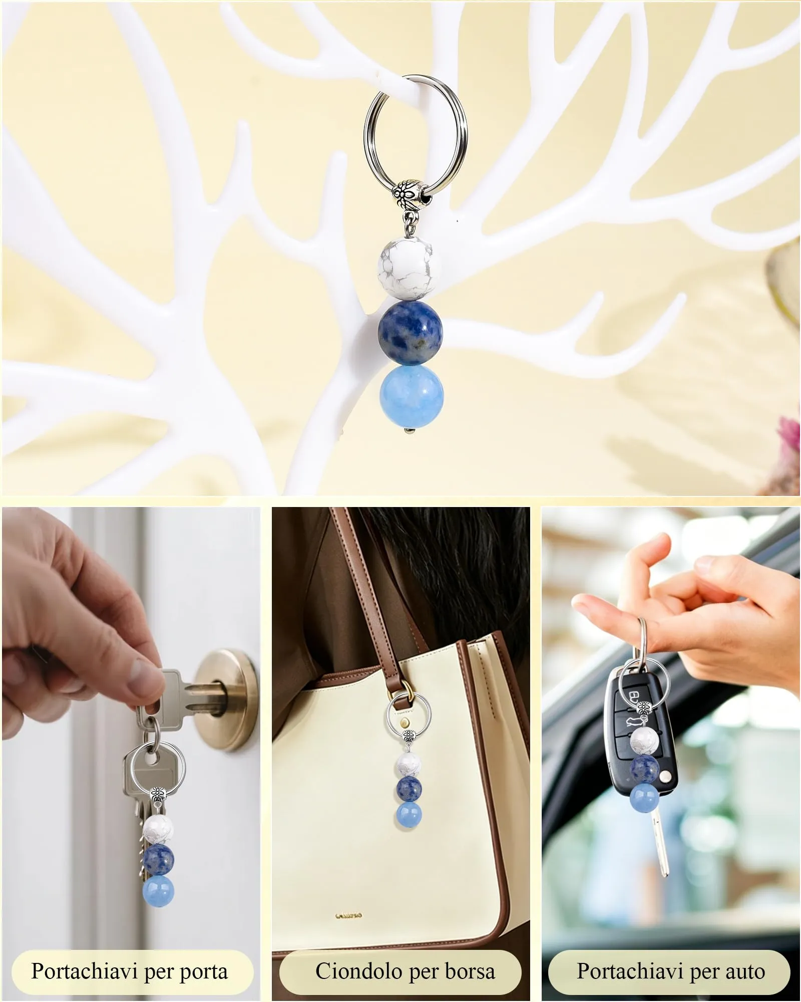 Cheerslife Portachiavi Personalizzato in Cristalli Naturali Howlite, Sodalite e Acquamarina - immagine 5