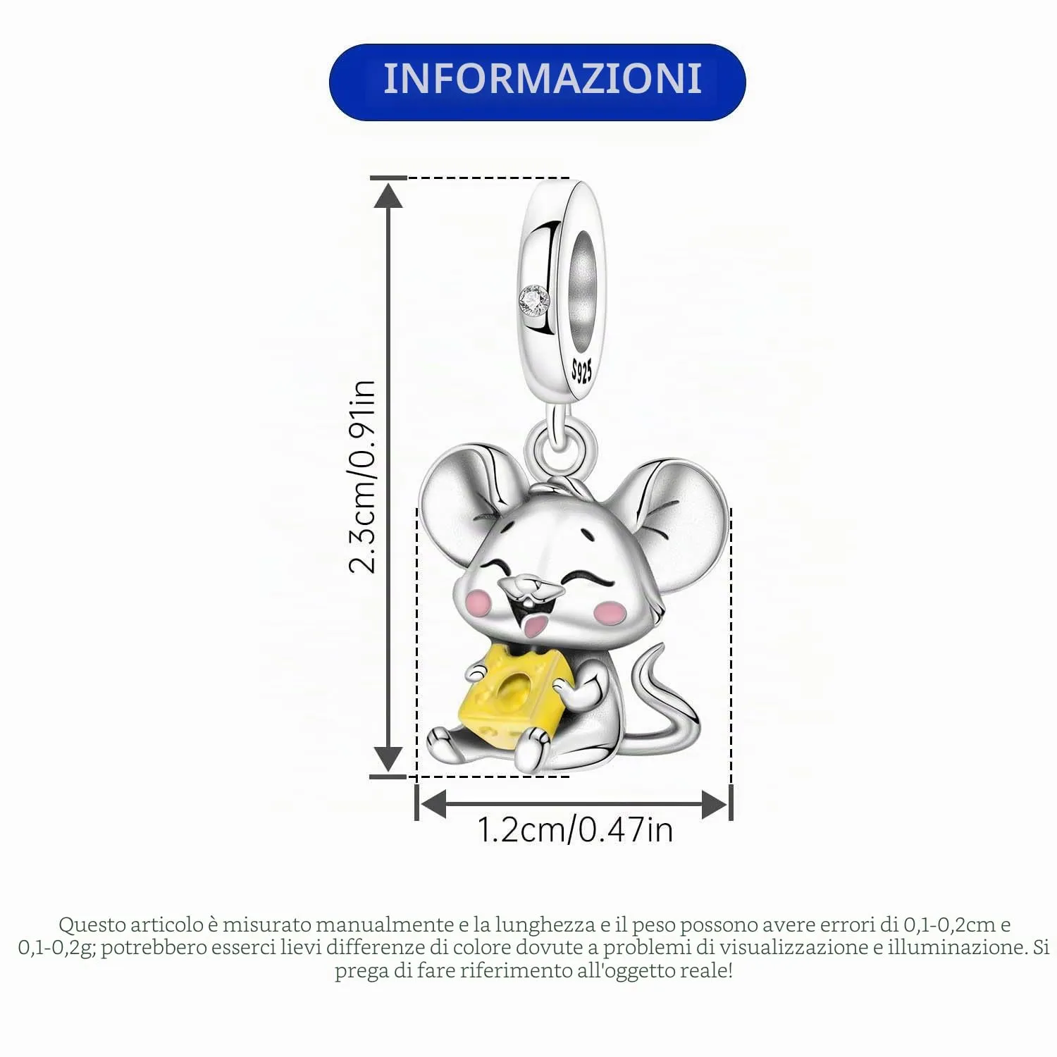 NUJIFFY Ciondolo Topo in Argento Sterling 925 per Bracciale e Collana - immagine 4