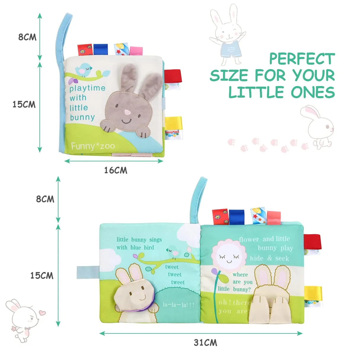 Vicloon Libro di Stoffa Interattivo per Bambini con Suono e Velcro, Giocattolo Educativo (Coniglio) - immagine 2