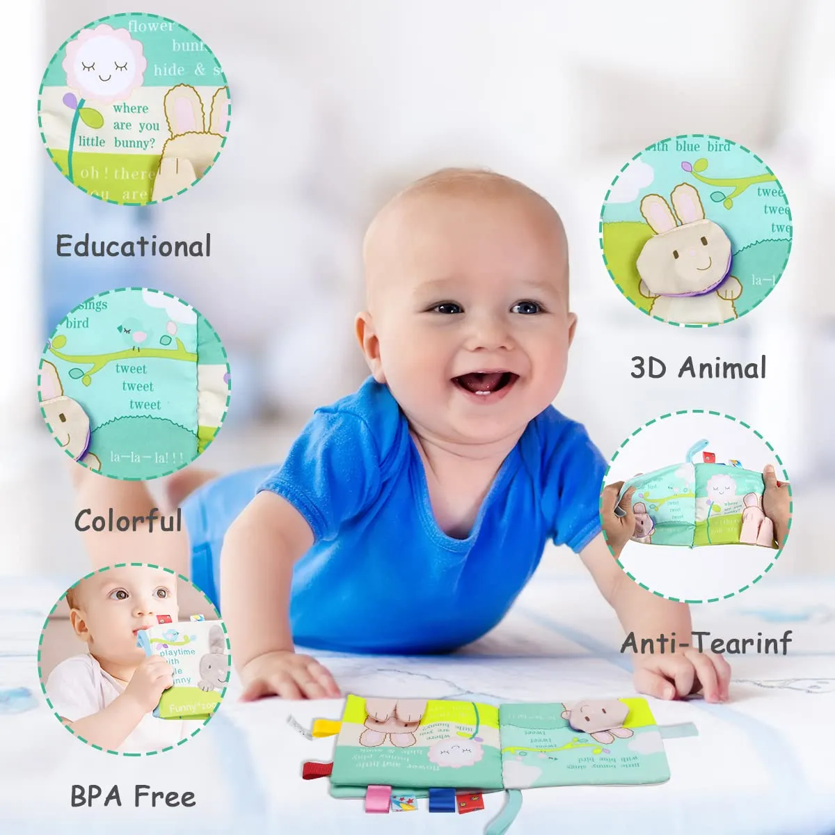 Vicloon Libro di Stoffa Interattivo per Bambini con Suono e Velcro, Giocattolo Educativo (Coniglio) - immagine 4