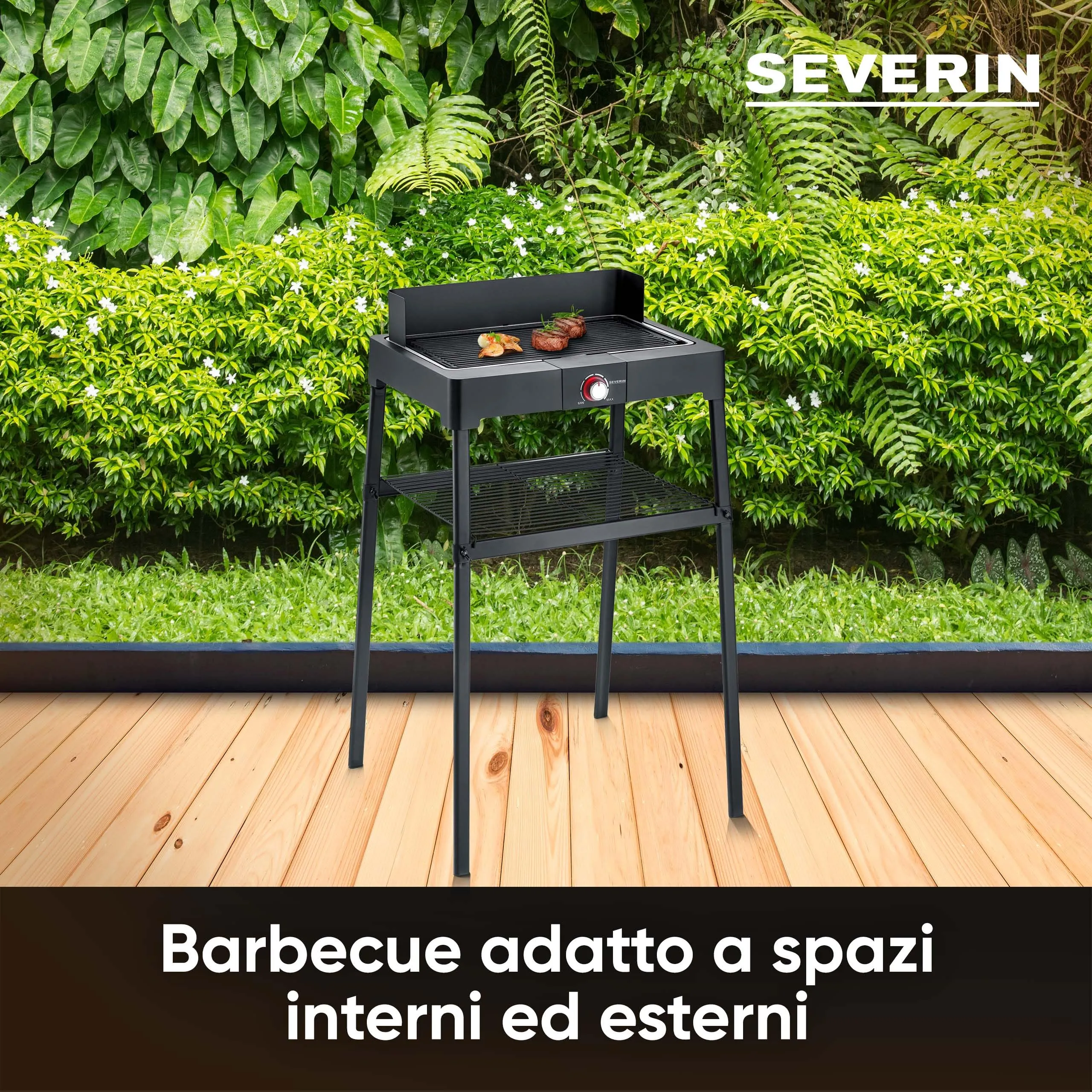 Severin Barbecue Elettrico con Gambe e Ripiano, Piastra in Alluminio, 2200 W, Nero - PG 8568 - immagine 3