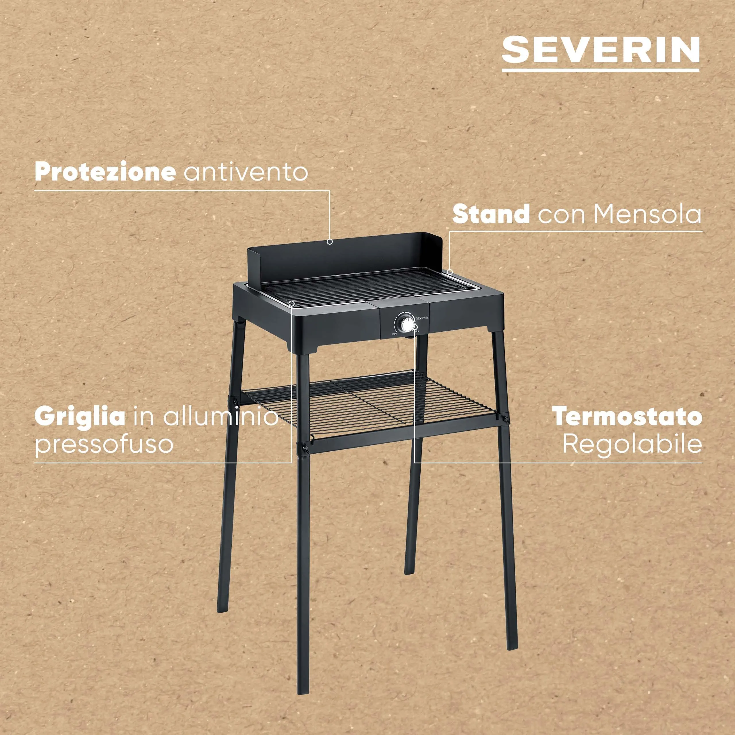 Severin Barbecue Elettrico con Gambe e Ripiano, Piastra in Alluminio, 2200 W, Nero - PG 8568 - immagine 4