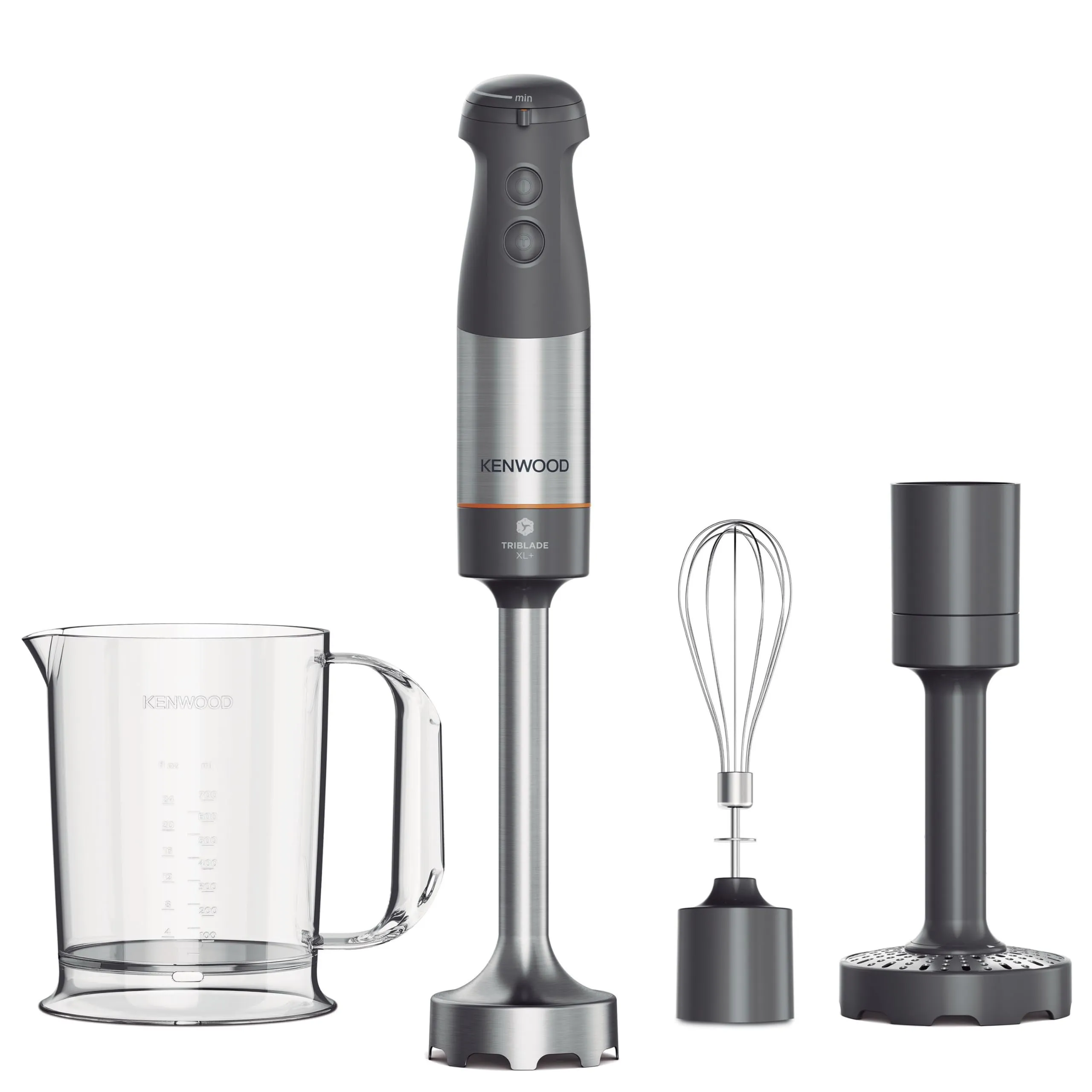 Kenwood Triblade XL+ Frullatore ad Immersione 1000W, Asta in Acciaio Removibile, Frusta, Schiacciaverdure e Bicchiere 0,75L, Grigio - immagine 1