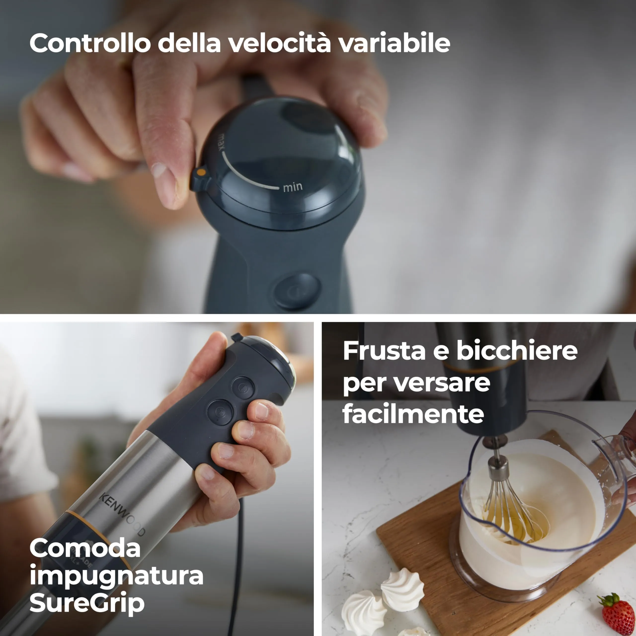 Kenwood Triblade XL+ Frullatore ad Immersione 1000W, Asta in Acciaio Removibile, Frusta, Schiacciaverdure e Bicchiere 0,75L, Grigio - immagine 5