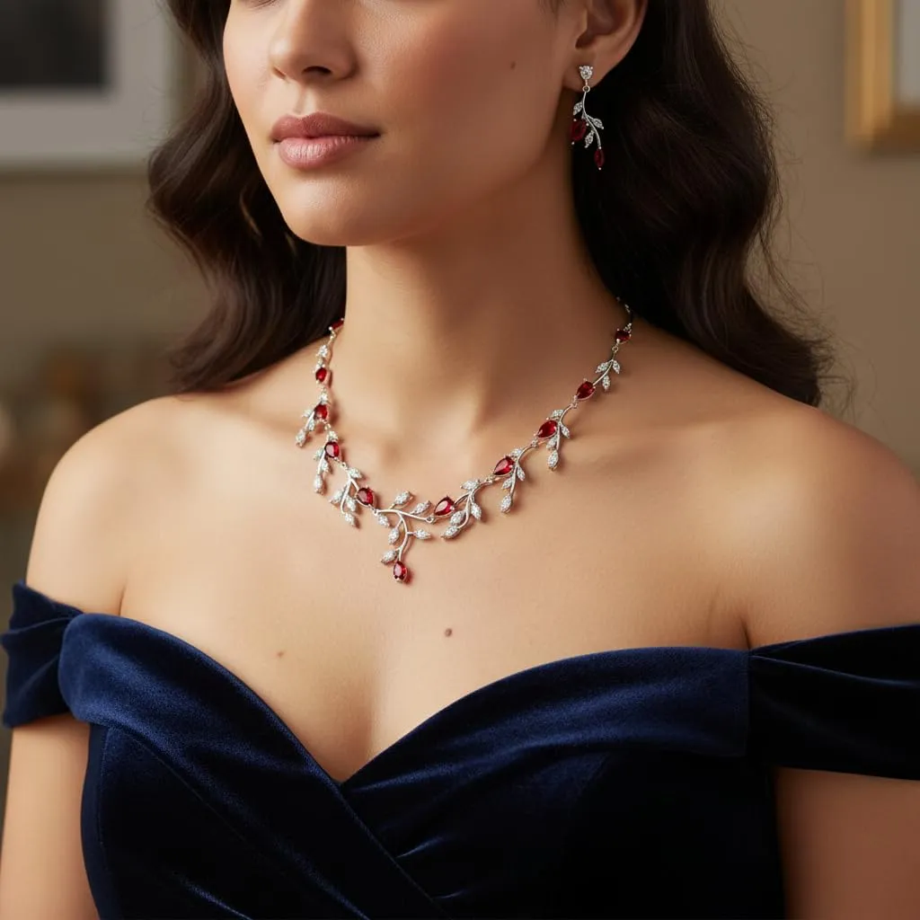 EVER FAITH Set Collana e Orecchini con Zirconia Cubica Rossa a Forma di Pera e Foglia - immagine 2