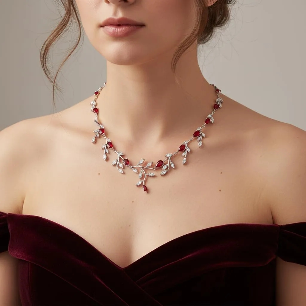 EVER FAITH Set Collana e Orecchini con Zirconia Cubica Rossa a Forma di Pera e Foglia - immagine 3