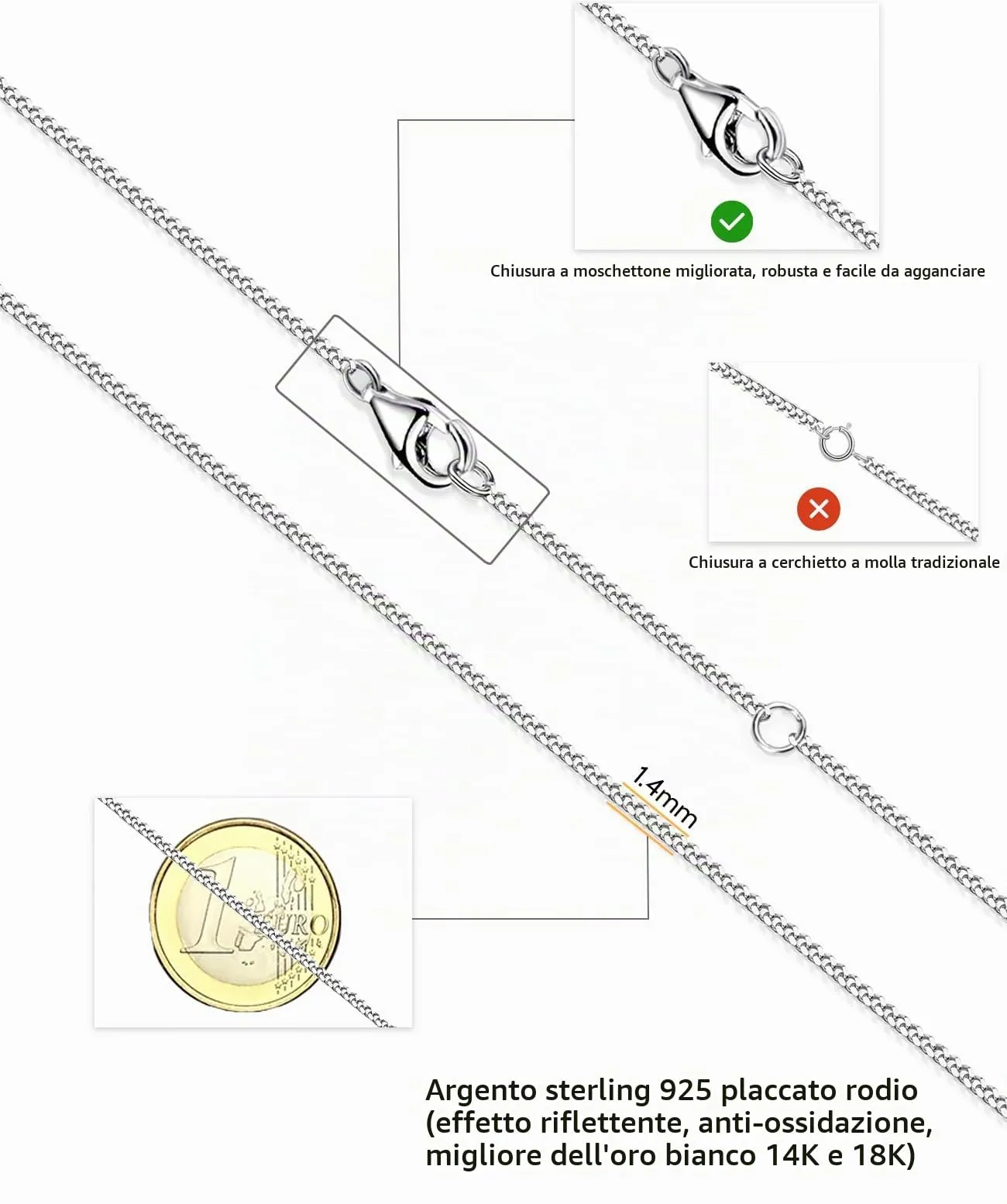 OSTAN Collana a Catena Cuban in Argento Sterling 925 da Donna, 45cm 50cm 60cm - immagine 2
