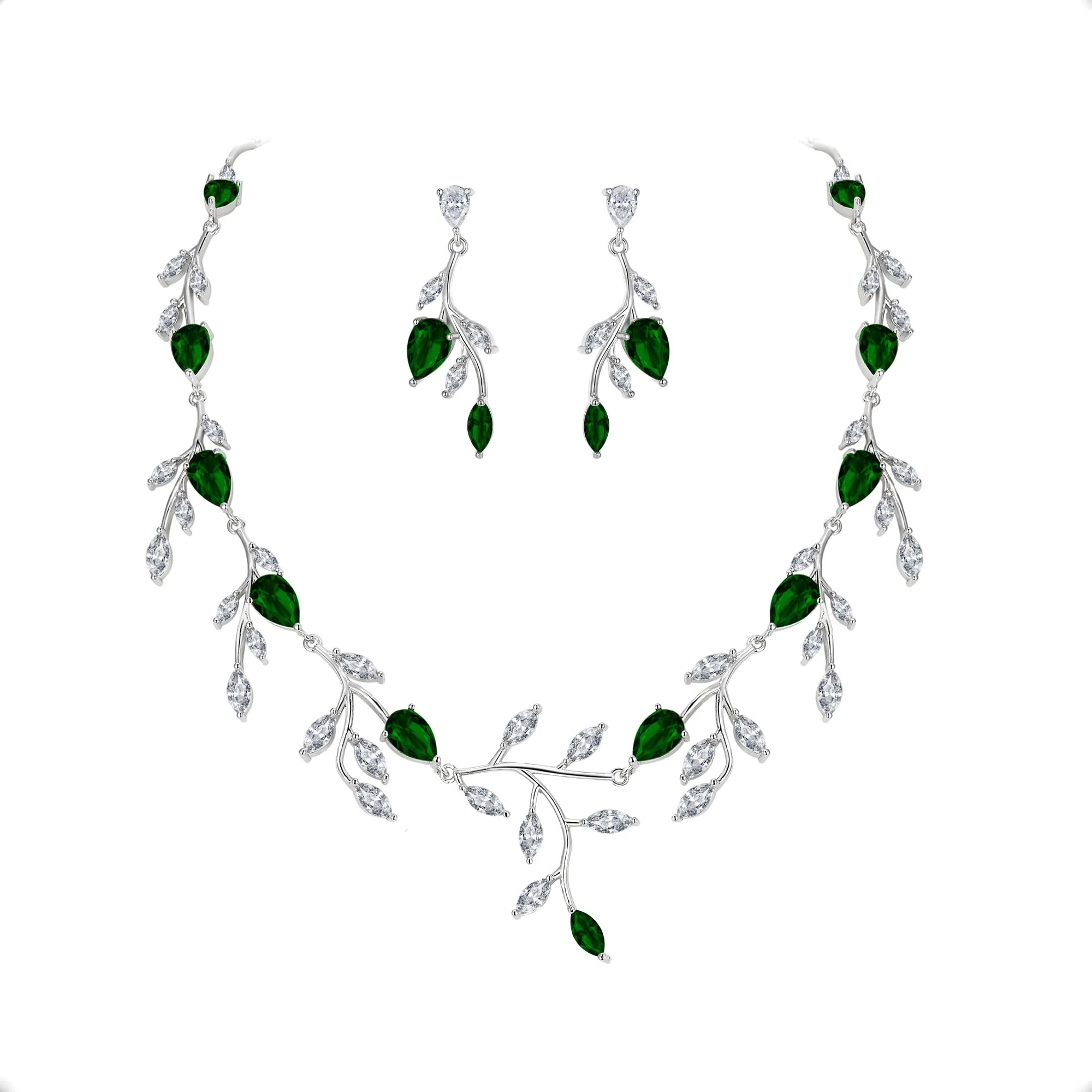 EVER FAITH Goccia Sposa Set Gioielli Verde CZ Pera Maggio Birthstone Foglia Collana e Orecchini - immagine 1