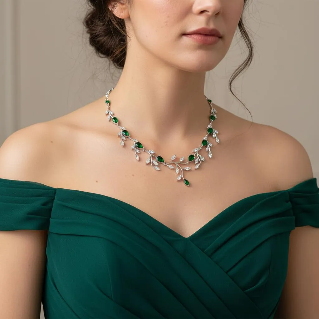 EVER FAITH Goccia Sposa Set Gioielli Verde CZ Pera Maggio Birthstone Foglia Collana e Orecchini - immagine 2