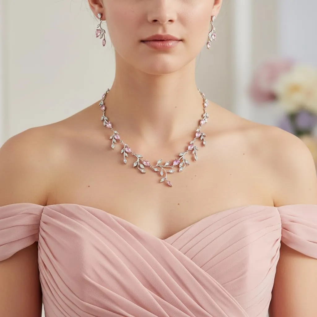 EVER FAITH Set Collana e Orecchini con Zirconia Cubica Rosa a Goccia Pera - immagine 2