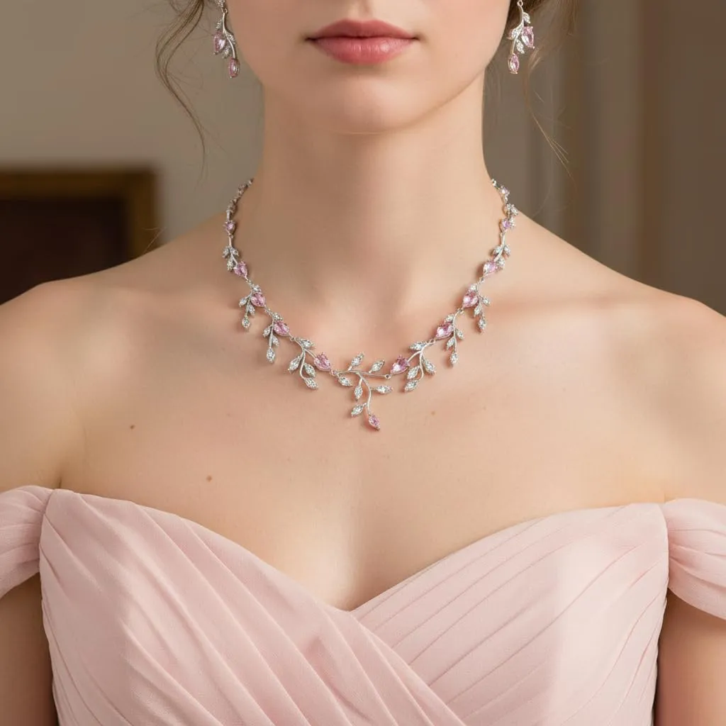 EVER FAITH Set Collana e Orecchini con Zirconia Cubica Rosa a Goccia Pera - immagine 3
