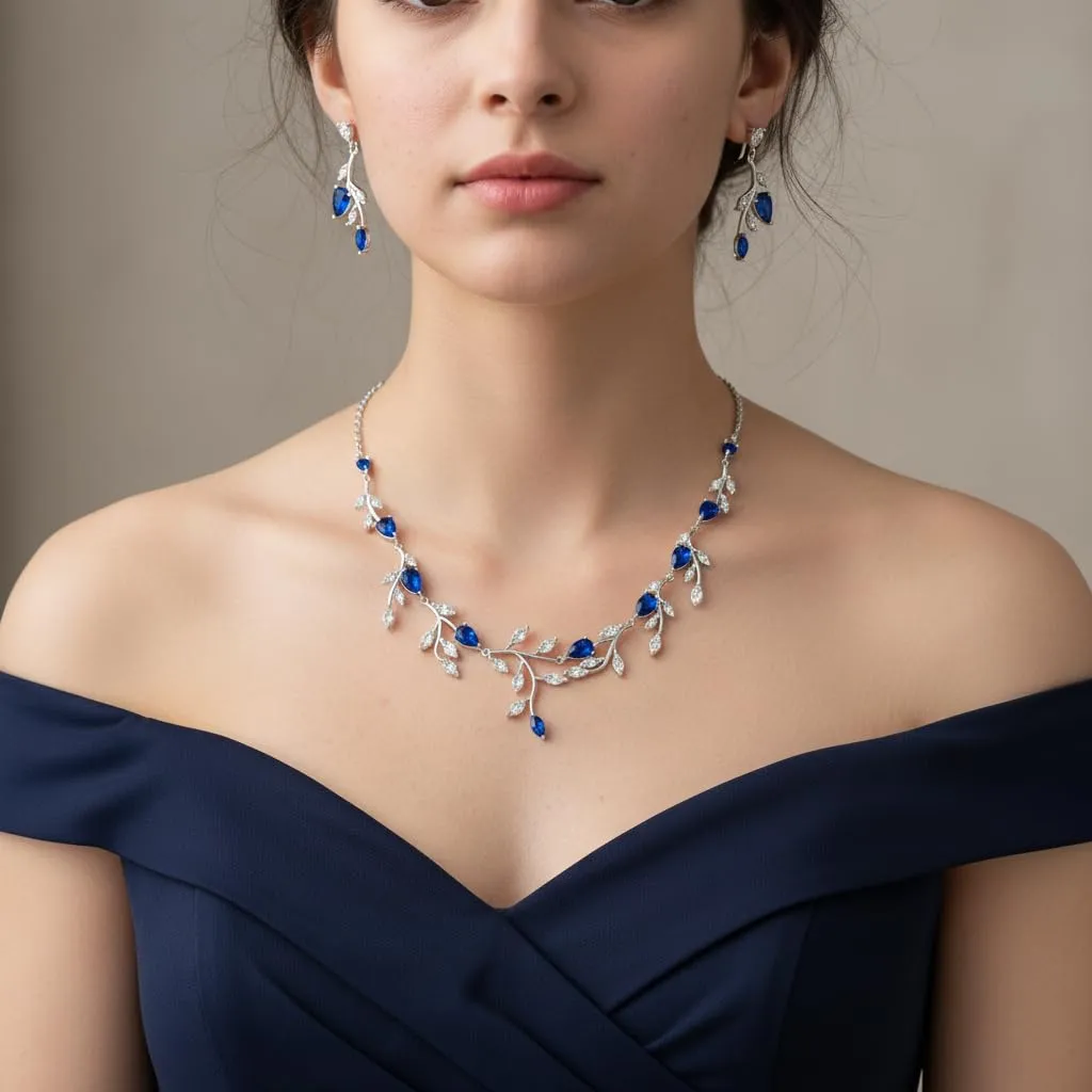 EVER FAITH Set di Gioielli Goccia con Zirconi Cubici Blu, Collana e Orecchini per Sposa - immagine 2