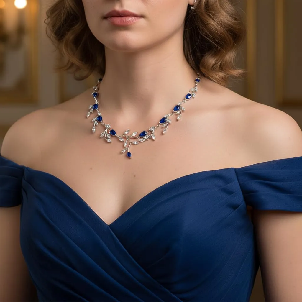 EVER FAITH Set di Gioielli Goccia con Zirconi Cubici Blu, Collana e Orecchini per Sposa - immagine 3