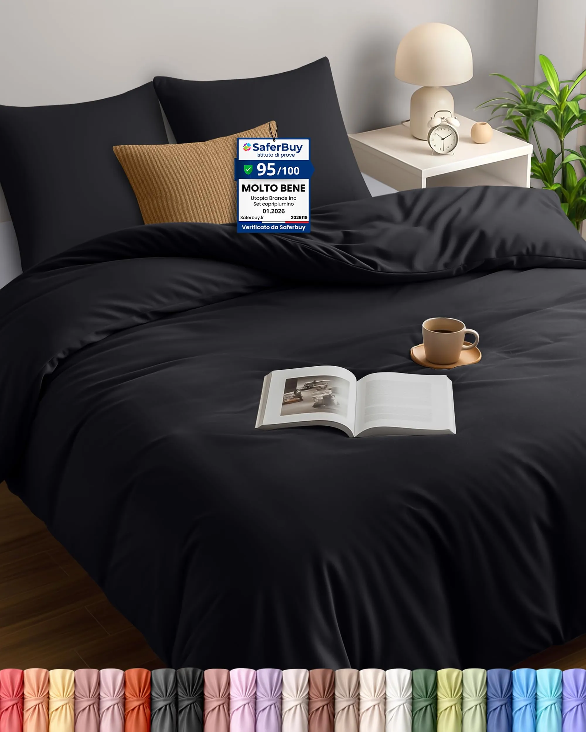 Utopia Bedding Set Copripiumino 240x220 cm e 2 Federe 65x65 cm, Nero - immagine 1