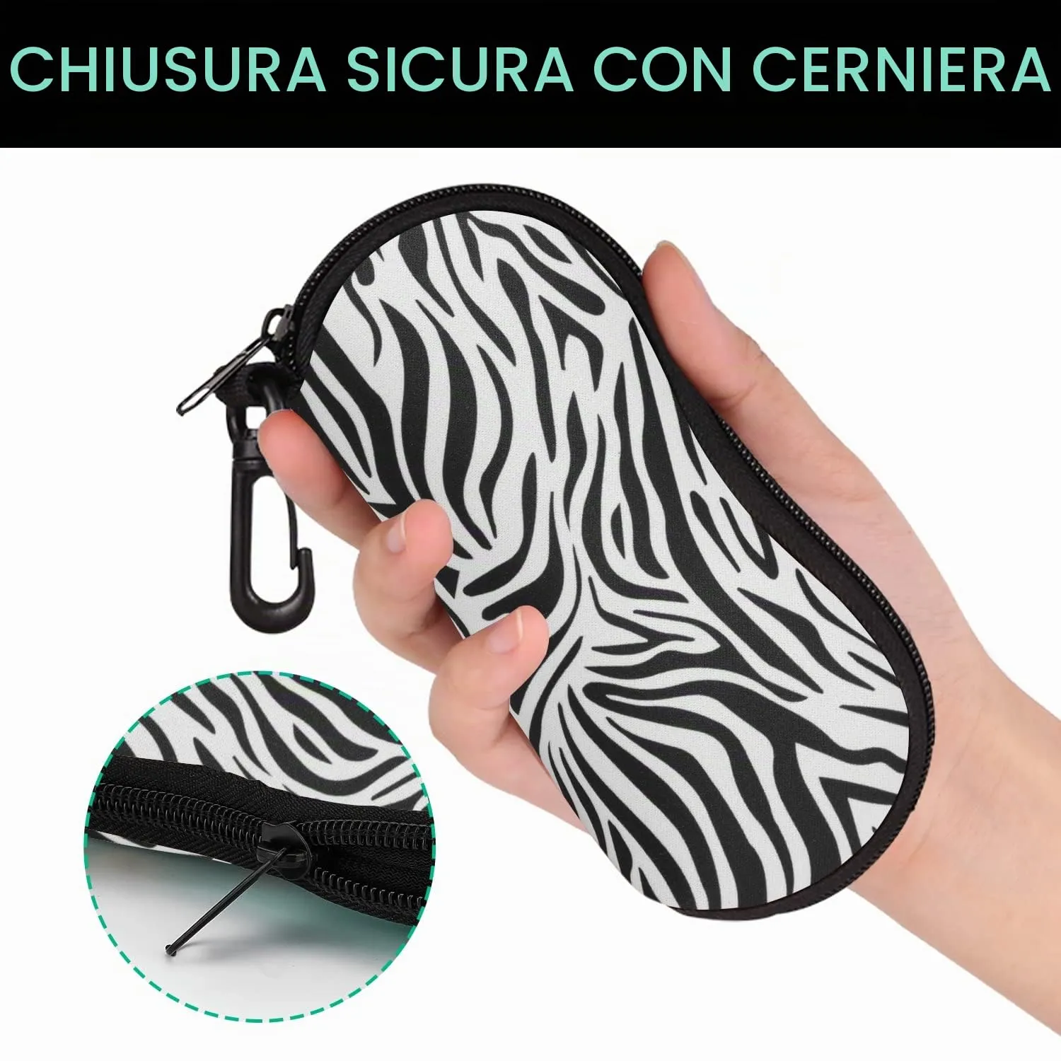 MoKo Custodia Protettiva Occhiali in Neoprene con Chiusura a Cerniera - Zebra - immagine 5