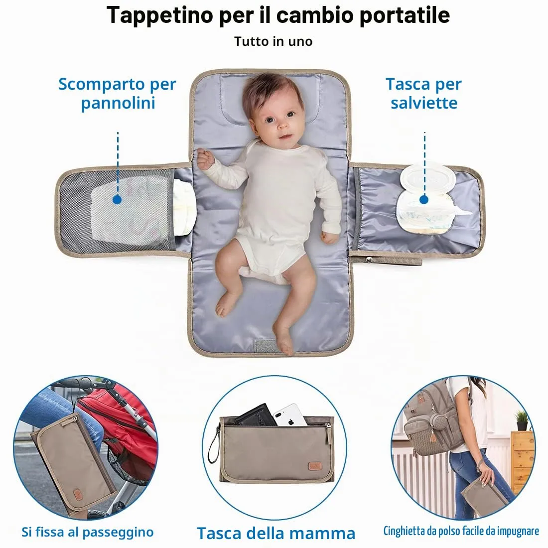 Dikaslon Zaino Fasciatoio per Neonati con Fasciatoio Portatile, Porta Ciuccio e Cinghie per Passeggino, Kaki - immagine 5