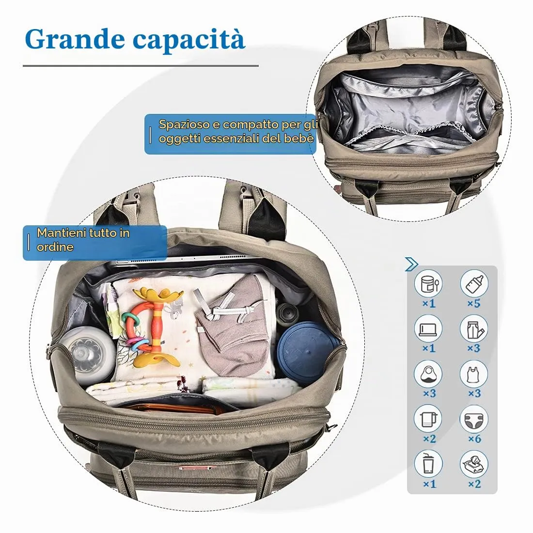 Dikaslon Zaino Fasciatoio per Neonati con Fasciatoio Portatile, Porta Ciuccio e Cinghie per Passeggino, Kaki - immagine 7