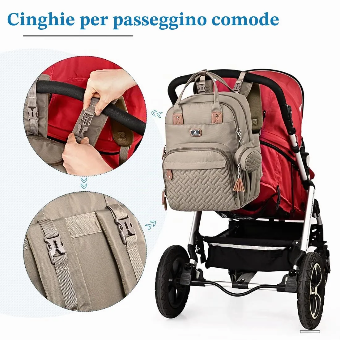 Dikaslon Zaino Fasciatoio per Neonati con Fasciatoio Portatile, Porta Ciuccio e Cinghie per Passeggino, Kaki - immagine 8