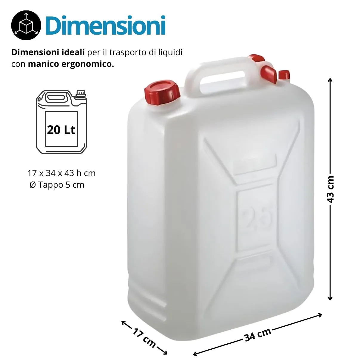 Tomaino Tanica in Plastica HDPE per Trasporto Acqua e Alimenti, 20 Lt - immagine 2