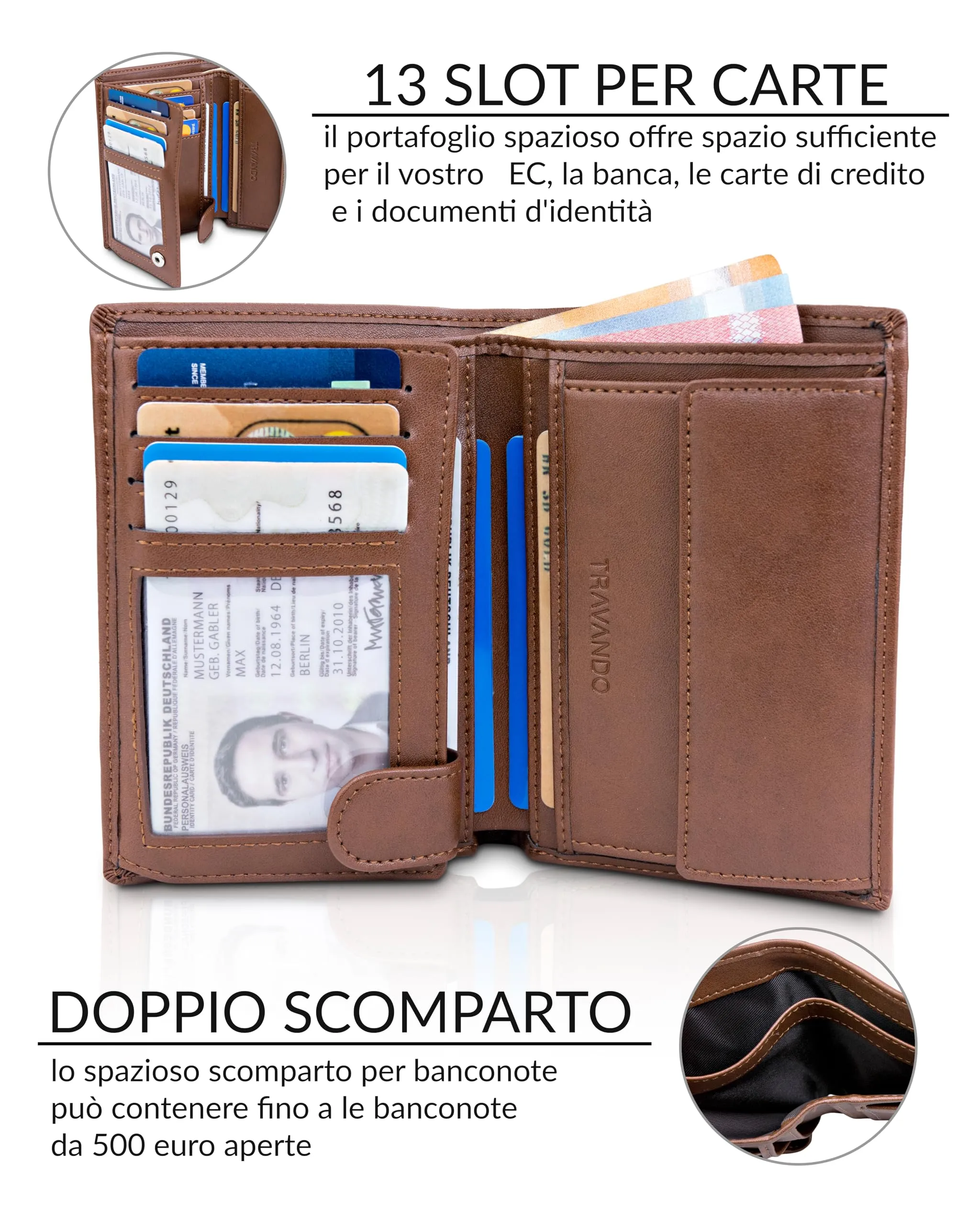TRAVANDO Portafoglio Uomo Roma con protezione RFID Verticale, Marrone - immagine 2