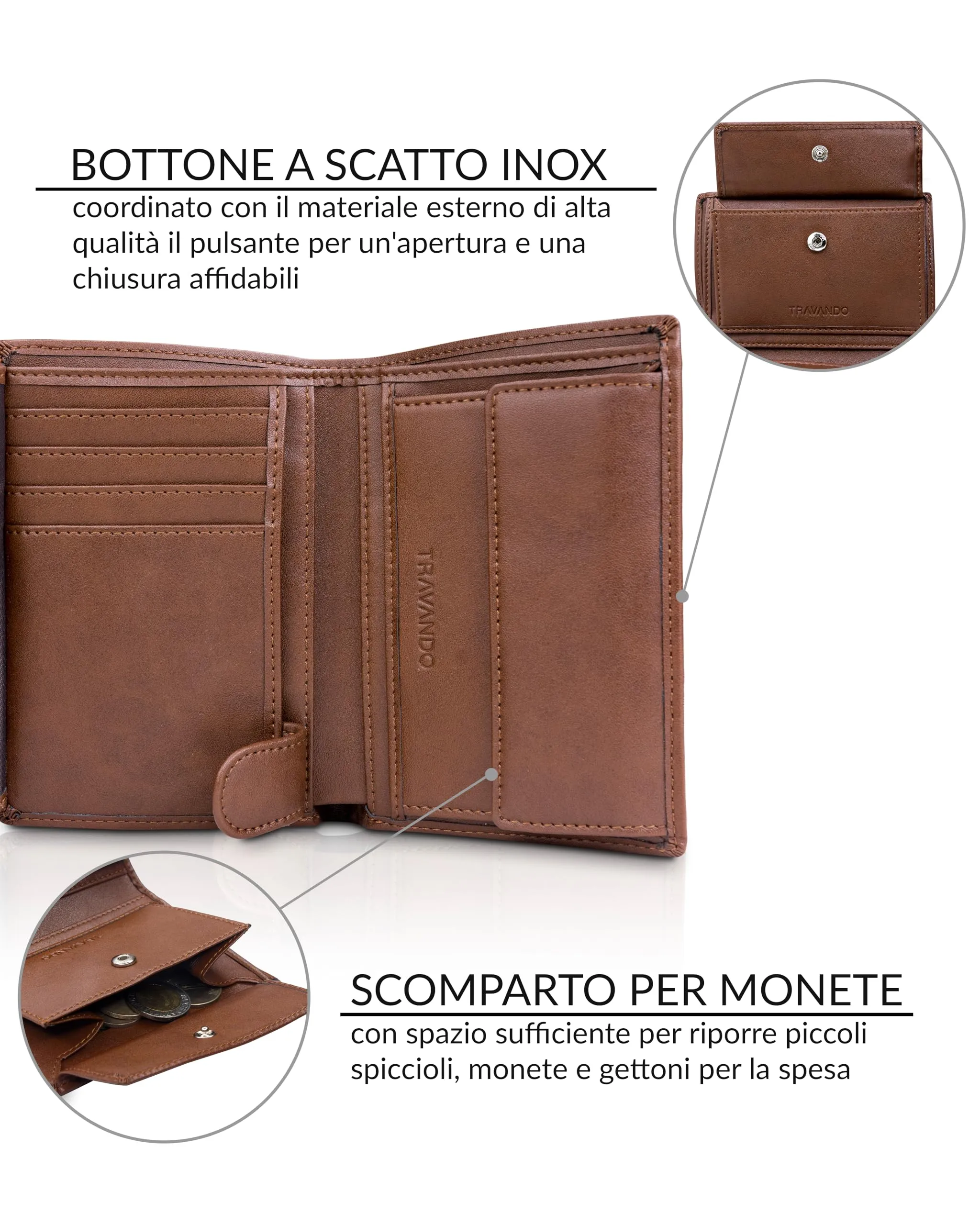 TRAVANDO Portafoglio Uomo Roma con protezione RFID Verticale, Marrone - immagine 4