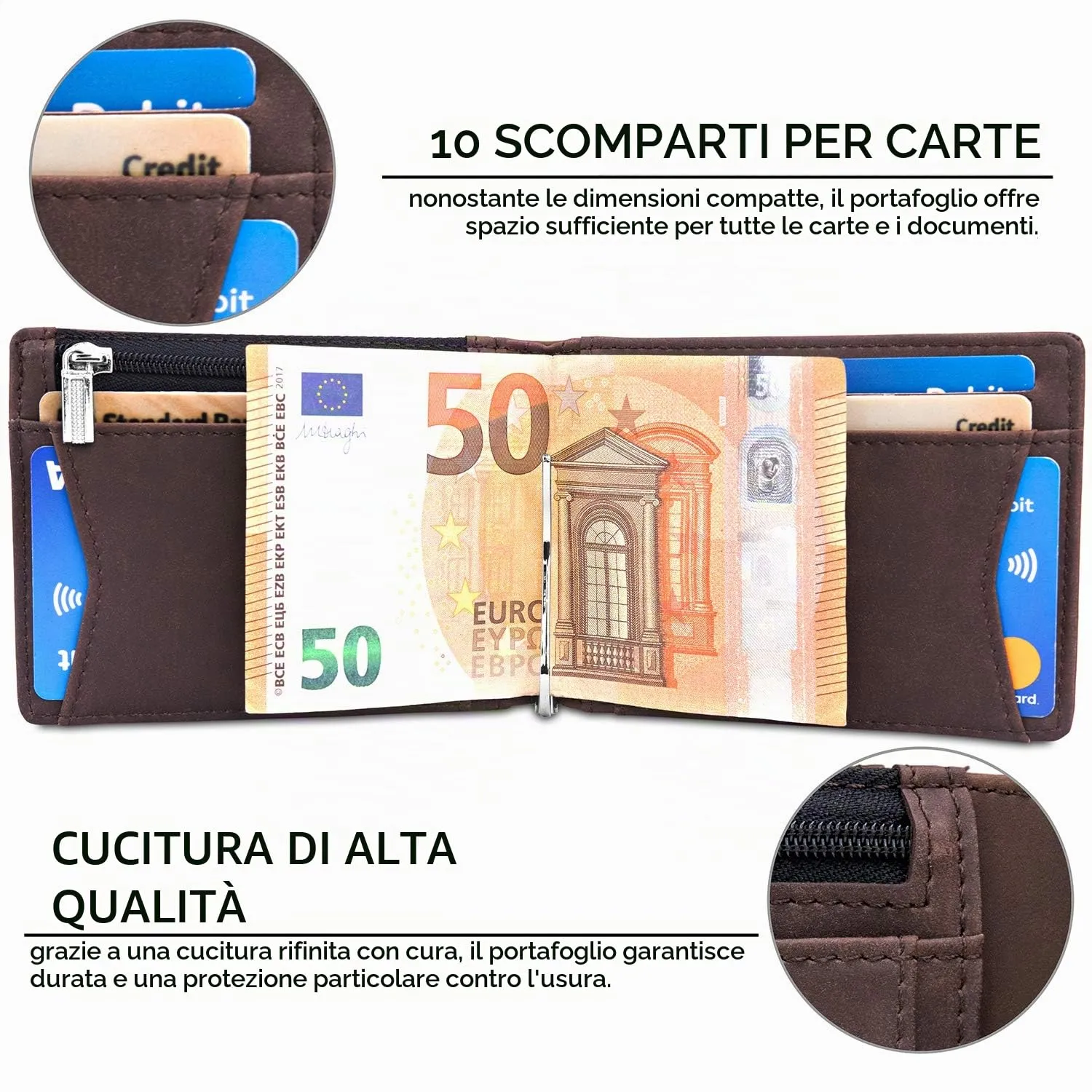 TRAVANDO Portafoglio Uomo Vienna con Protezione RFID, Porta Carte Slim con Clip per Contanti e Tasca Portamonete - immagine 2