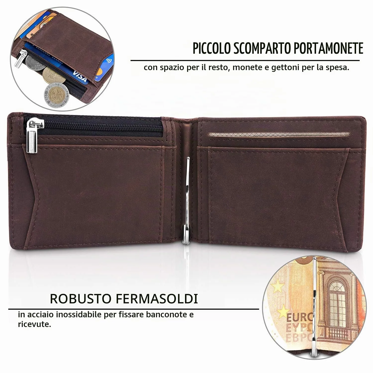 TRAVANDO Portafoglio Uomo Vienna con Protezione RFID, Porta Carte Slim con Clip per Contanti e Tasca Portamonete - immagine 3